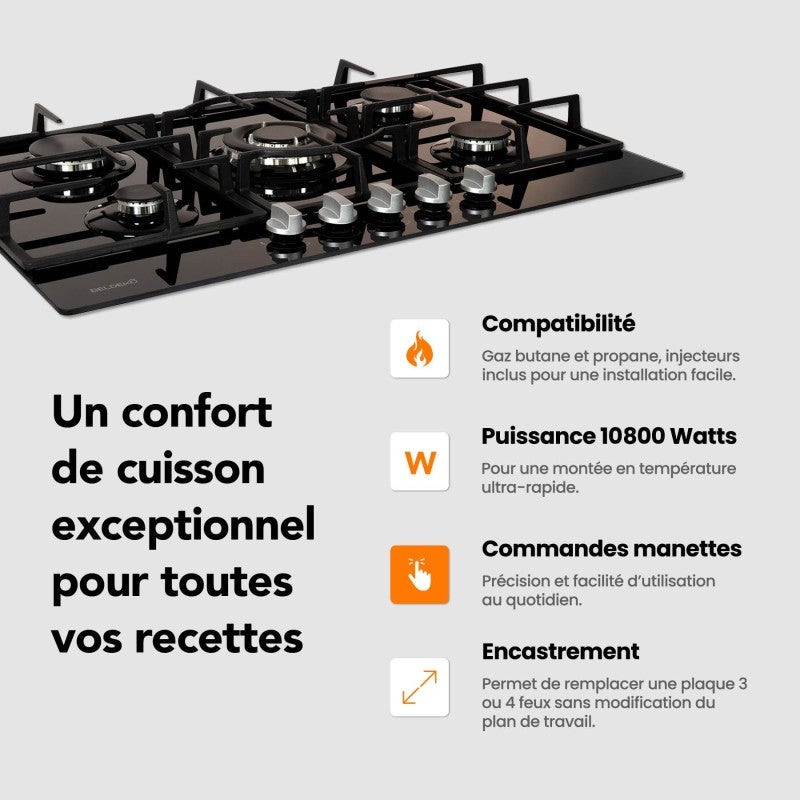 Plaque gaz 5 feux en verre noir - Brûleurs et grilles en fonte - 10 800 Watts encastrement 56x49 cm - 5