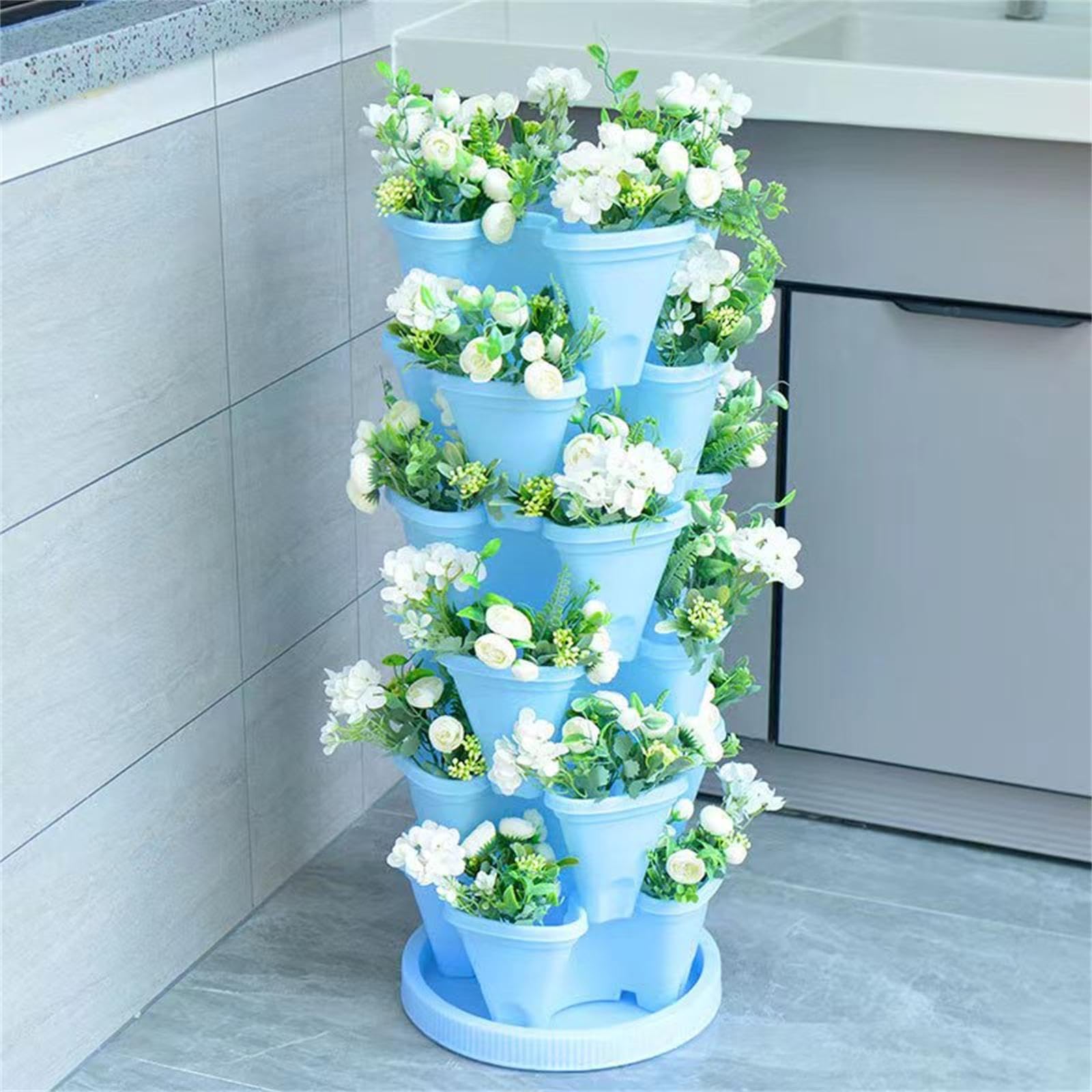 Jardinière de jardin verticale empilable à 6 niveaux avec base de 33 cm - Parfait pour cultiver des herbes, des fraises et des fleurs - Design compact - 4