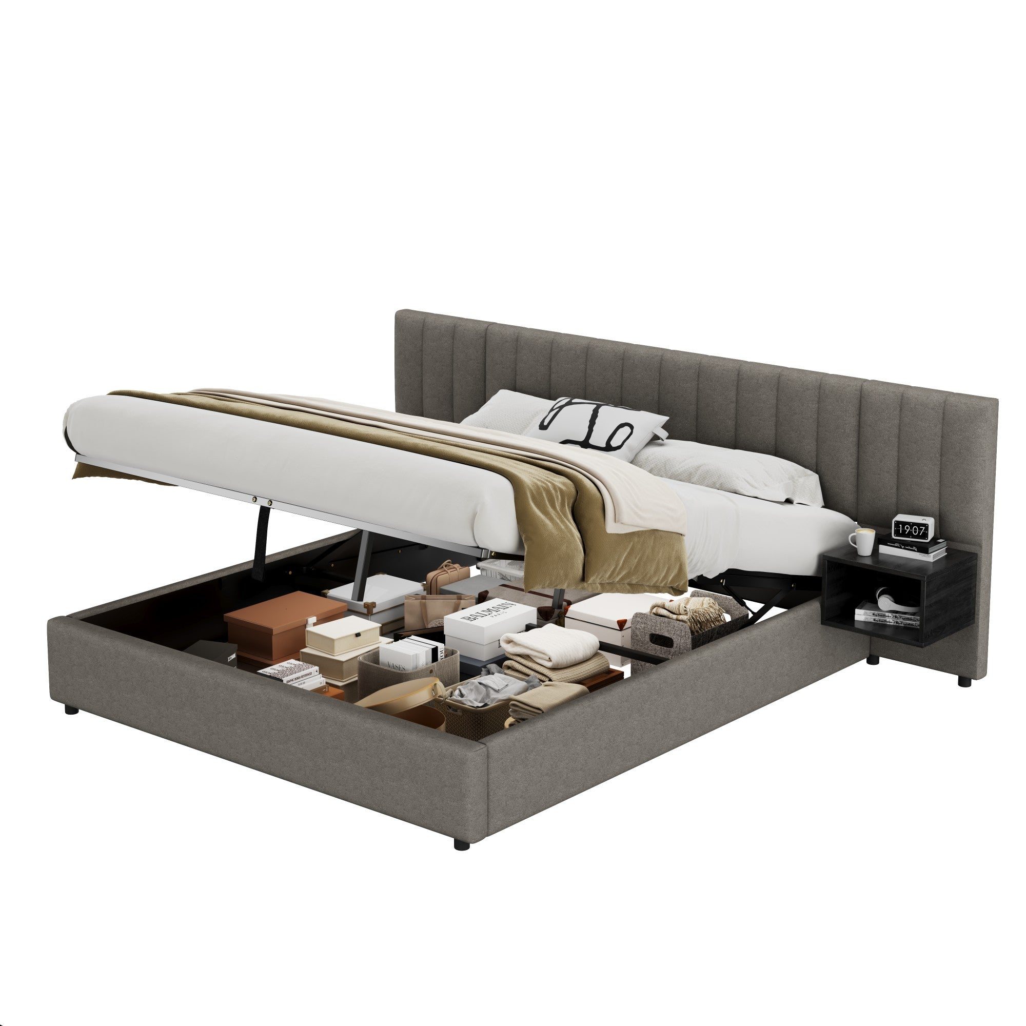 Cama contenedor 180 x 200 cm con cabecero grande y 2 mesitas de noche - Tela de lino - Gris + negro (sin colchón) - 8