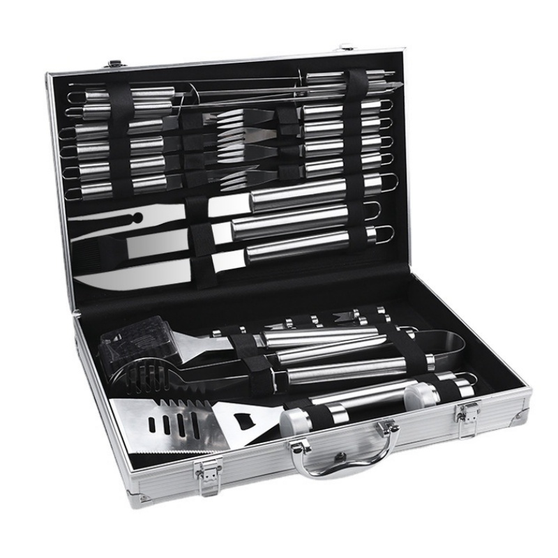 10-częściowy zestaw narzędzi do grilla ze stali nierdzewnej z aluminiowym pudełkiem do przechowywania – na wszystkie Twoje potrzeby, 43 x 21 x 8 cm