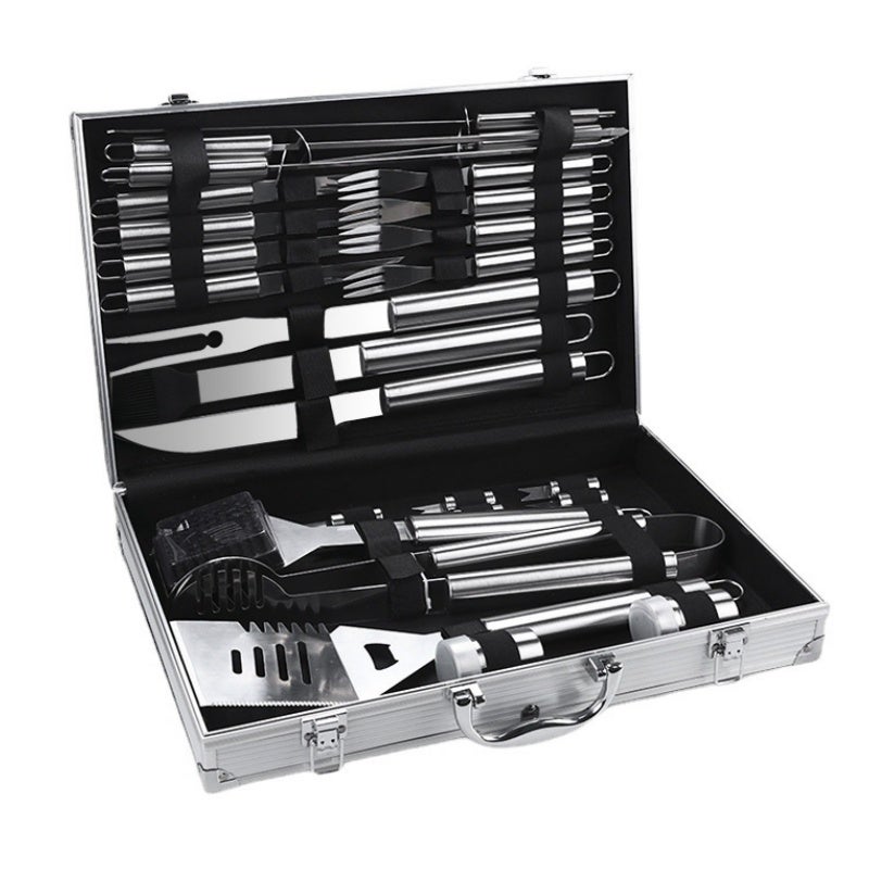 10-częściowy zestaw narzędzi do grilla ze stali nierdzewnej z aluminiowym pudełkiem do przechowywania – na wszystkie Twoje potrzeby, 43 x 21 x 8 cm