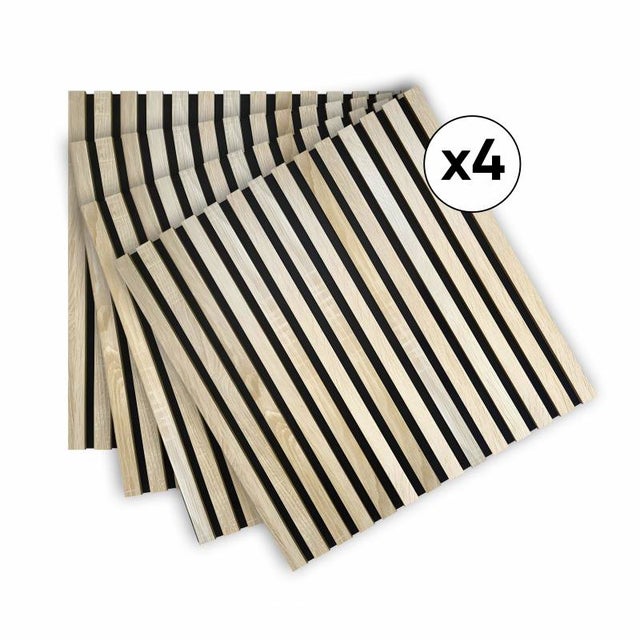 Lot de 4 Panneaux tasseaux bois 60 x 60 x 1,9 cm - décor chêne clair fond noir - 1,44m²