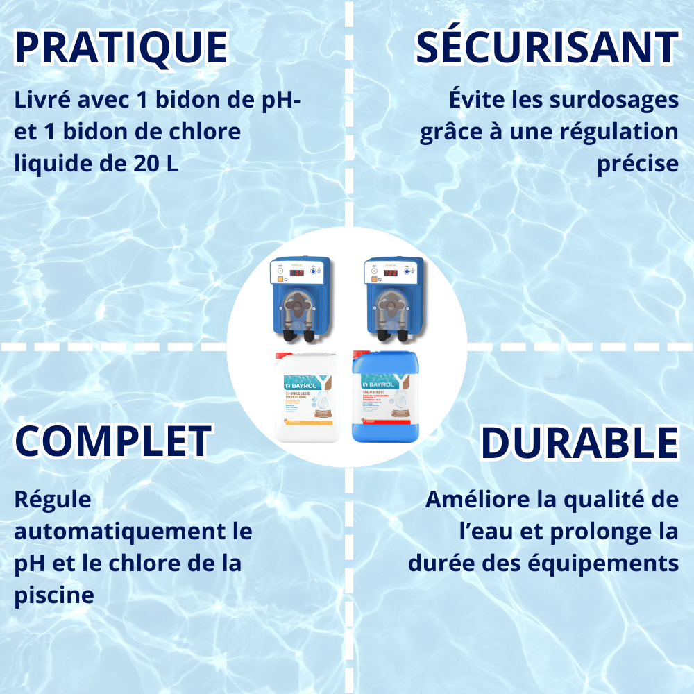 Pack Régulateur automatique pH et Chlore AVADY + 1 Bidon 20 L Chloriliquide + 1 Bidon pH Minus Liquid Domestic 20 L BAYROL - 3