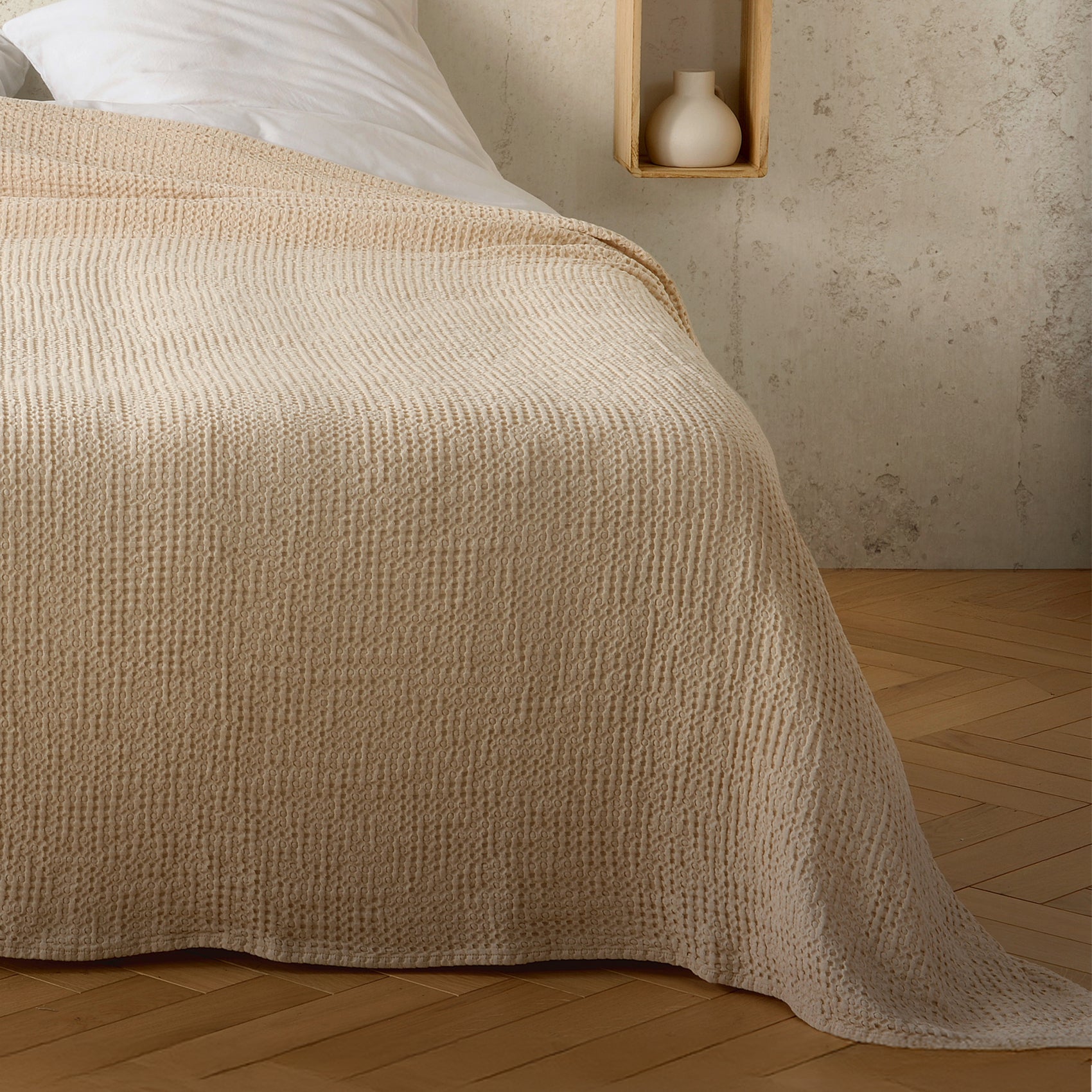 Plaid ou couvre lit 100% coton nid d’abeille - Beige - 240x260 cm - Coton - 2