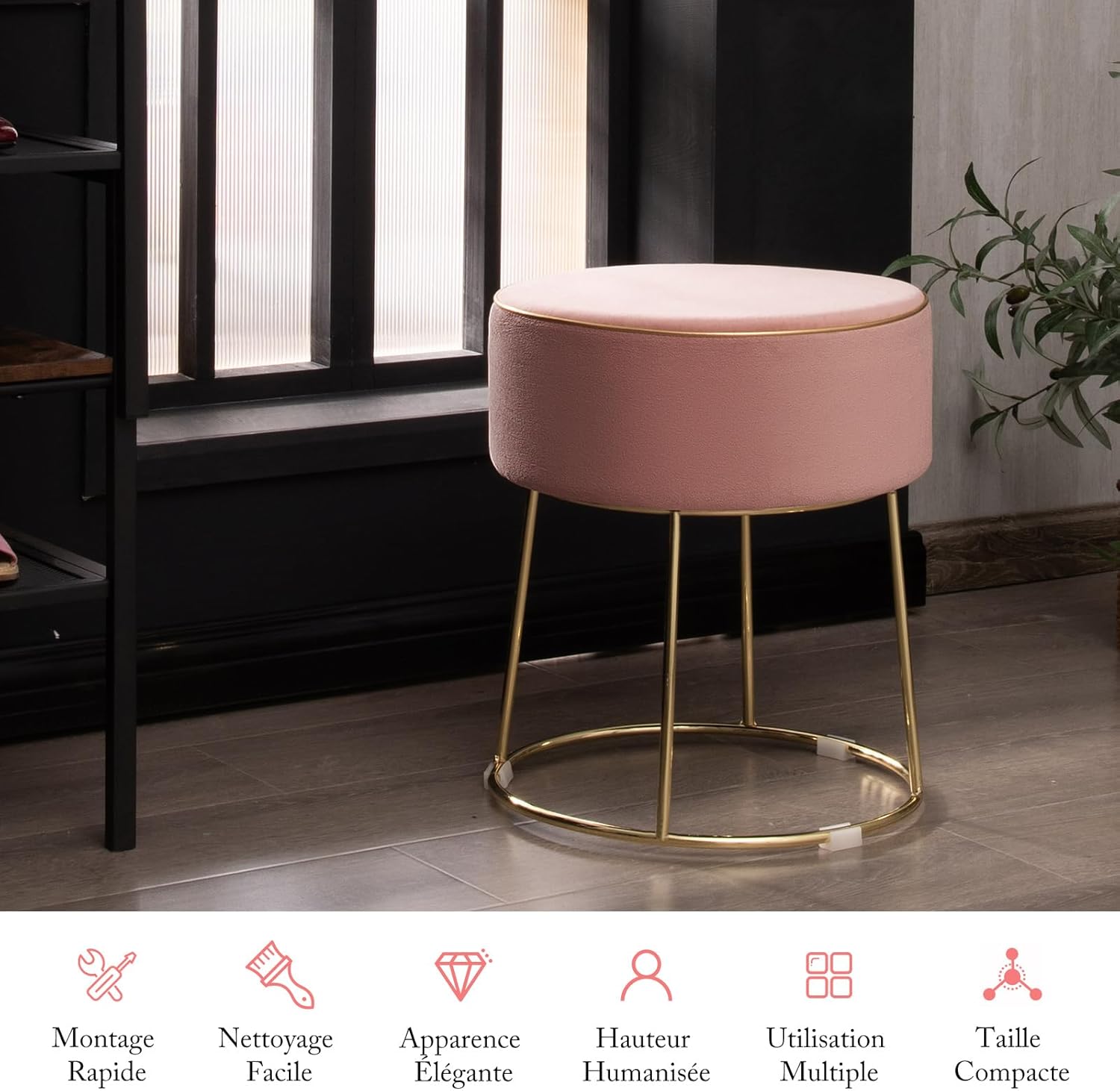 Pouf Rotondo Poggiapiedi 41cm, Sgabello Moderno da Trucco con Base in Metallo, Sedile Imbottito Spesso e Piedini Antiscivolo per Toeletta, Com - 8