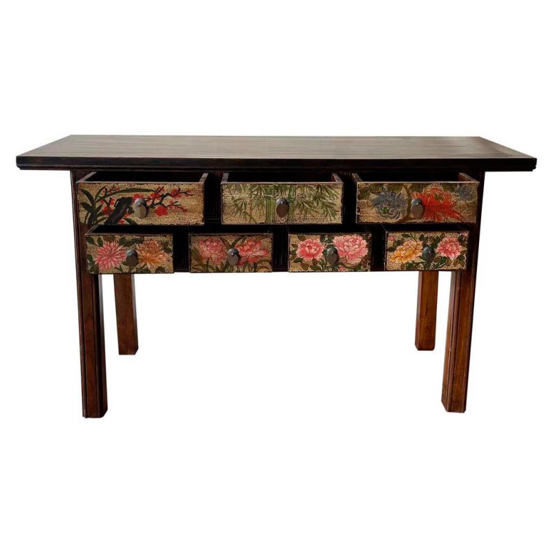 Meuble d'entrée en bois artisanal marron peint à la main, 173,5x45x89 - 7