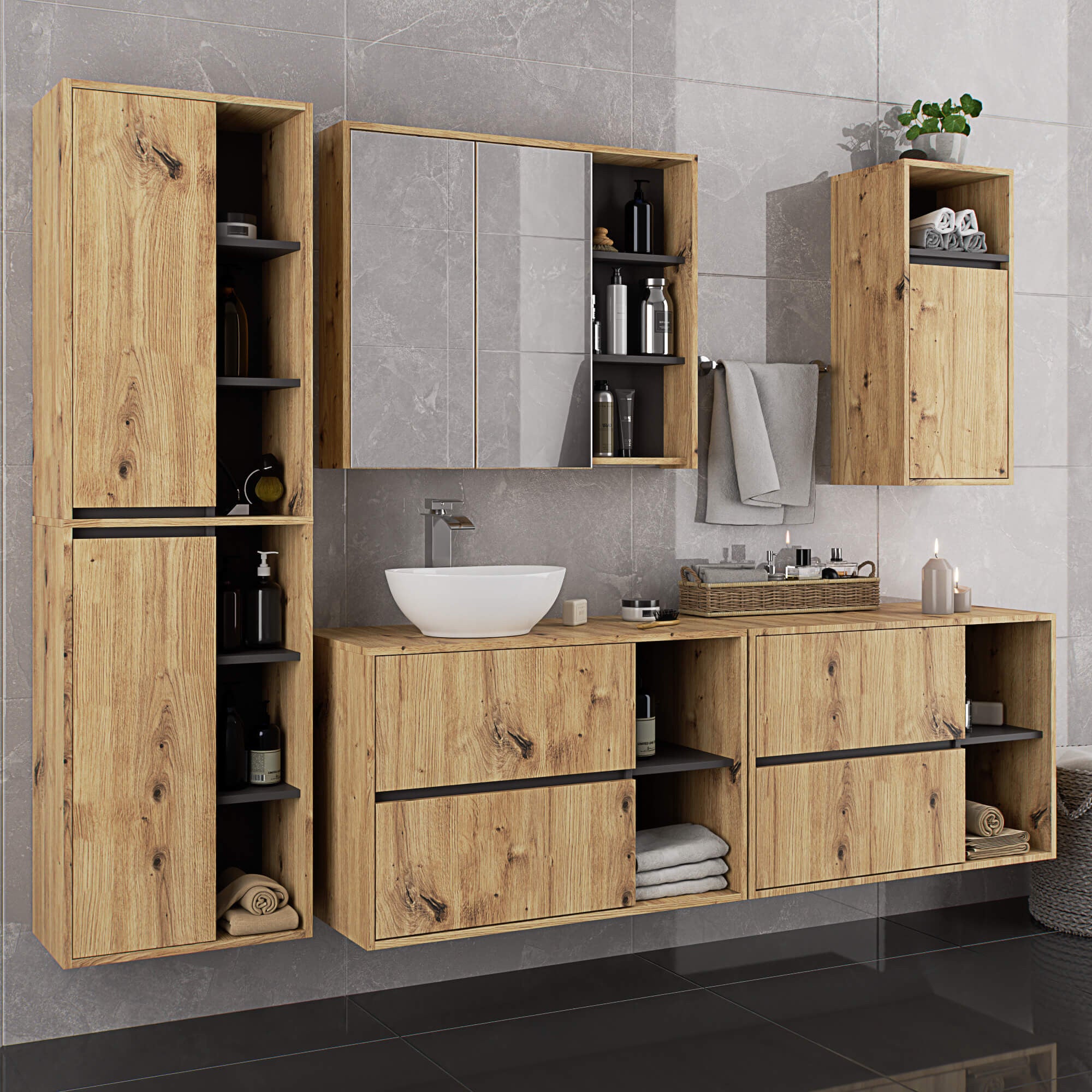 Mobile da bagno, rovere artigianale/grigio grafite, 90 x 60 x 45,5 cm - 5