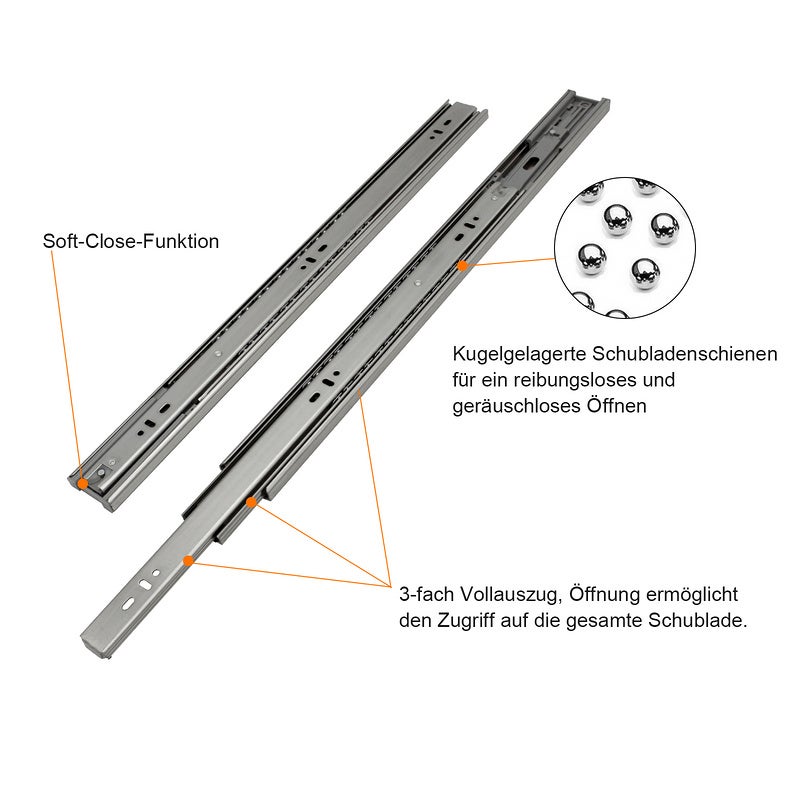 Paire De Glissières De Tiroir Stahlia 750mm - Extension Complète, Coulisses à Billes, Charge 45kg, Noir, Pour Meuble