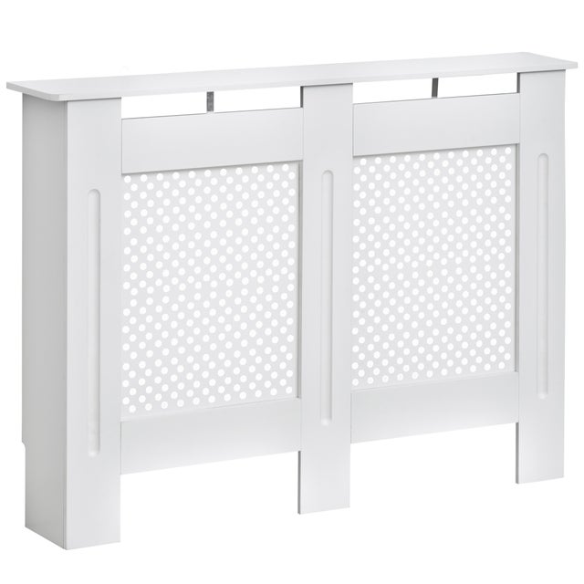 Cache-radiateur moderne en MDF pour radiateur, blanc, 111,5x82x19 cm, capot de radiateur à lattes design pour la maison et le bureau