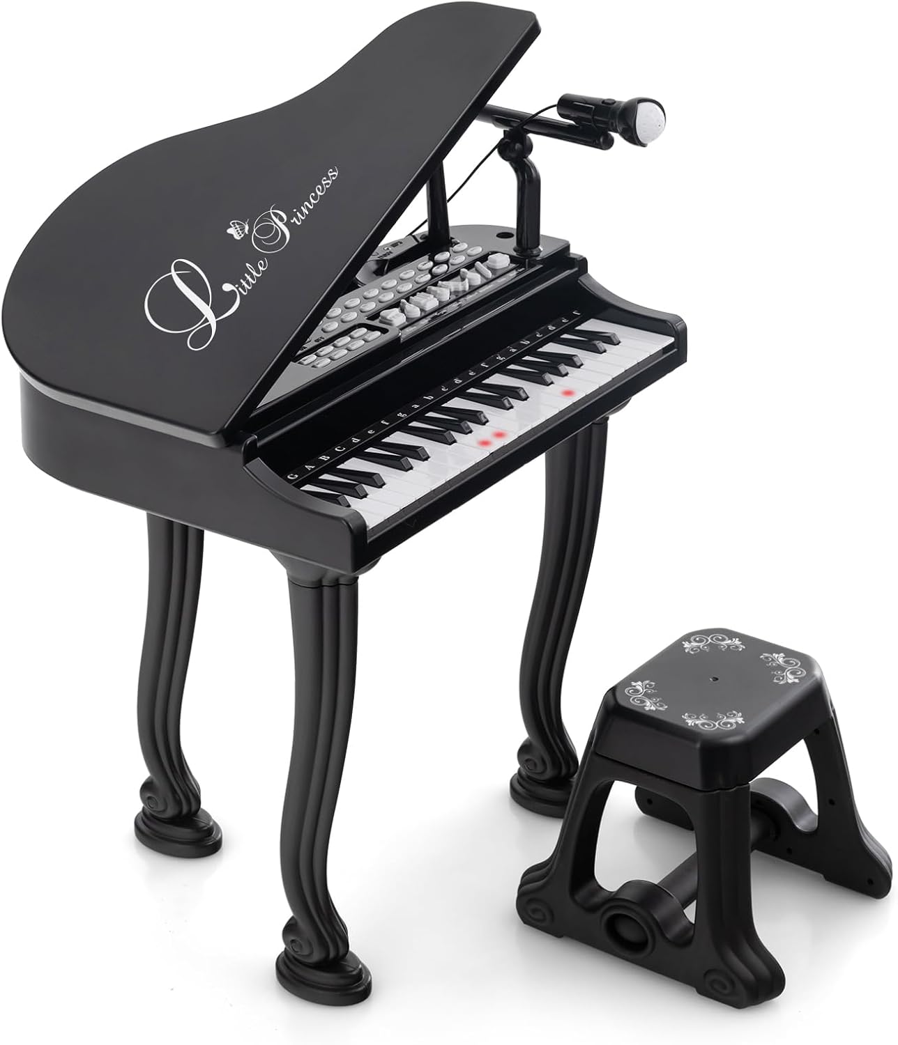 Elektroniczne Pianino dla Dzieci z 37 Klawiszami, Klawiatura Elektroniczna ze Stołkiem, Mikrofonem i 3 Trybami Nauki (Czarne-37)