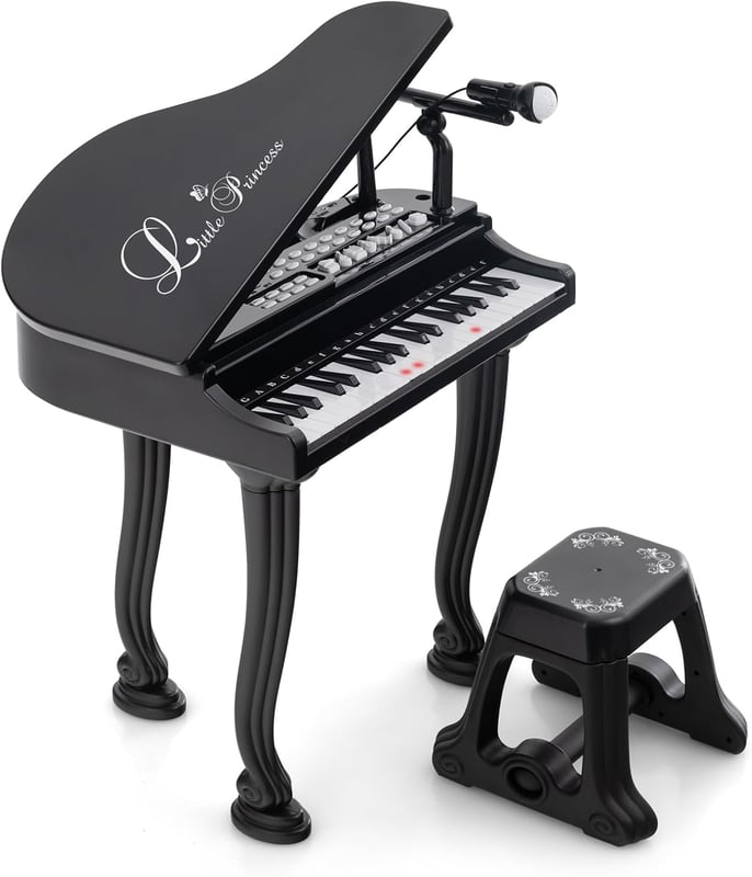 Elektroniczne Pianino dla Dzieci z 37 Klawiszami, Klawiatura Elektroniczna ze Stołkiem, Mikrofonem i 3 Trybami Nauki (Czarne-37)