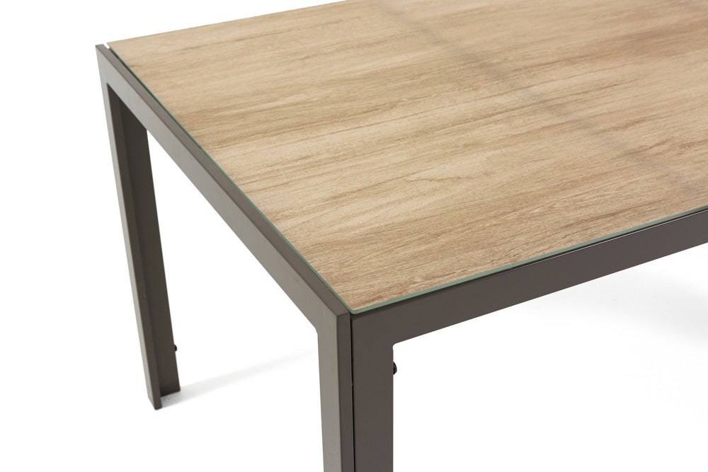 Mesa rectangular 150x90 cm fija con estructura de aluminio y tablero de vidrio decorado Milo para interior/exterior madera/tórtola - 5