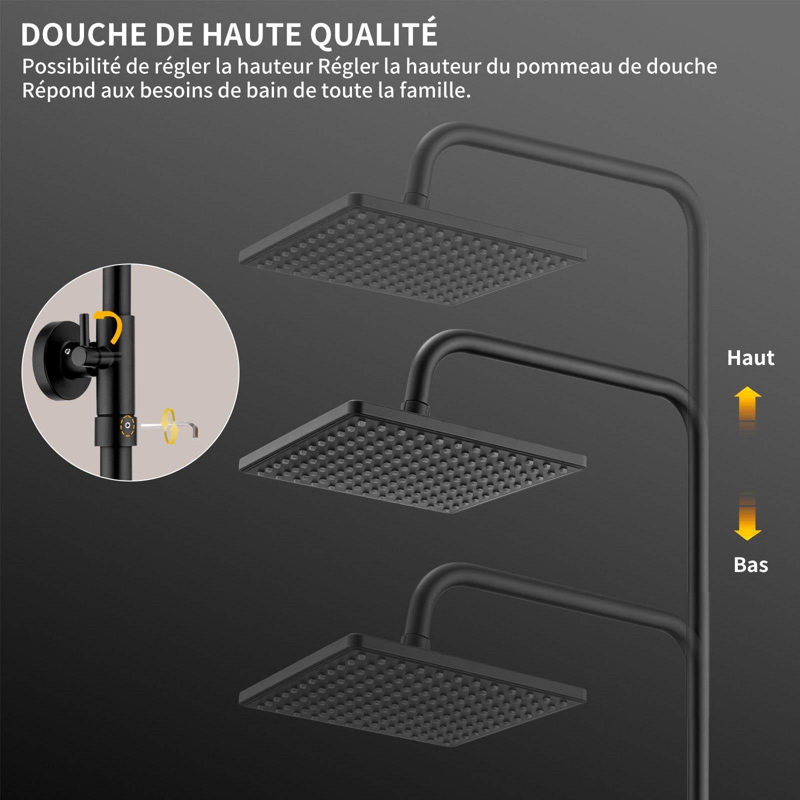 Colonne de Douche Thermostatique noir, Ensemble de Douche Réglable en Hauteur, Système de douche en Laiton, Ensemble de Douche Mural - 3