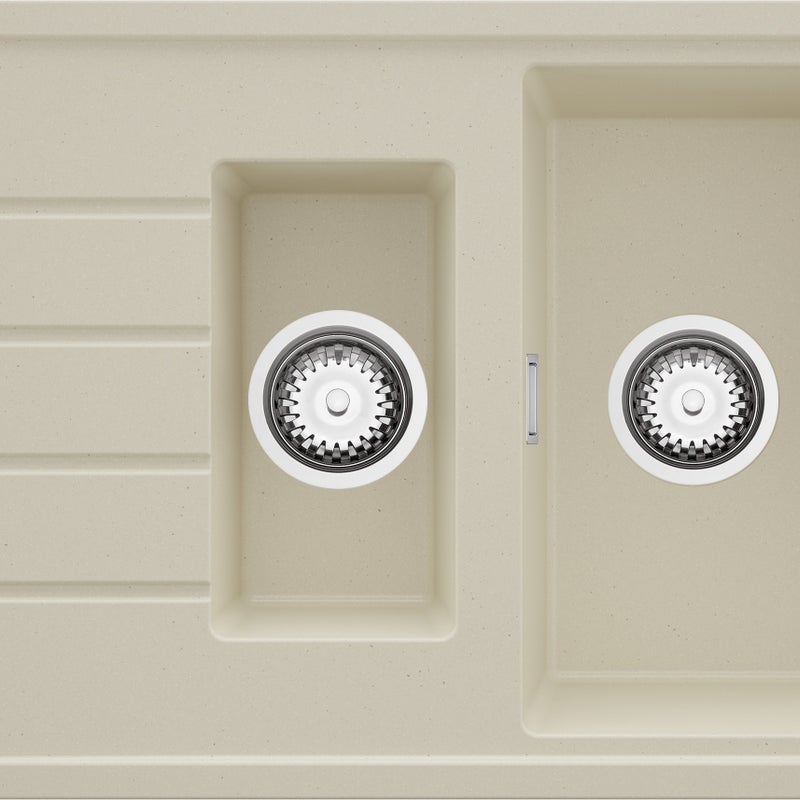 Zlewozmywak Beżowy 90x50cm, Zlew Kuchenny 1,5 Komorowy + Syfon, Nablatowy do szafki od 60cm - Kopenhaga Duo PRIMAGRAN