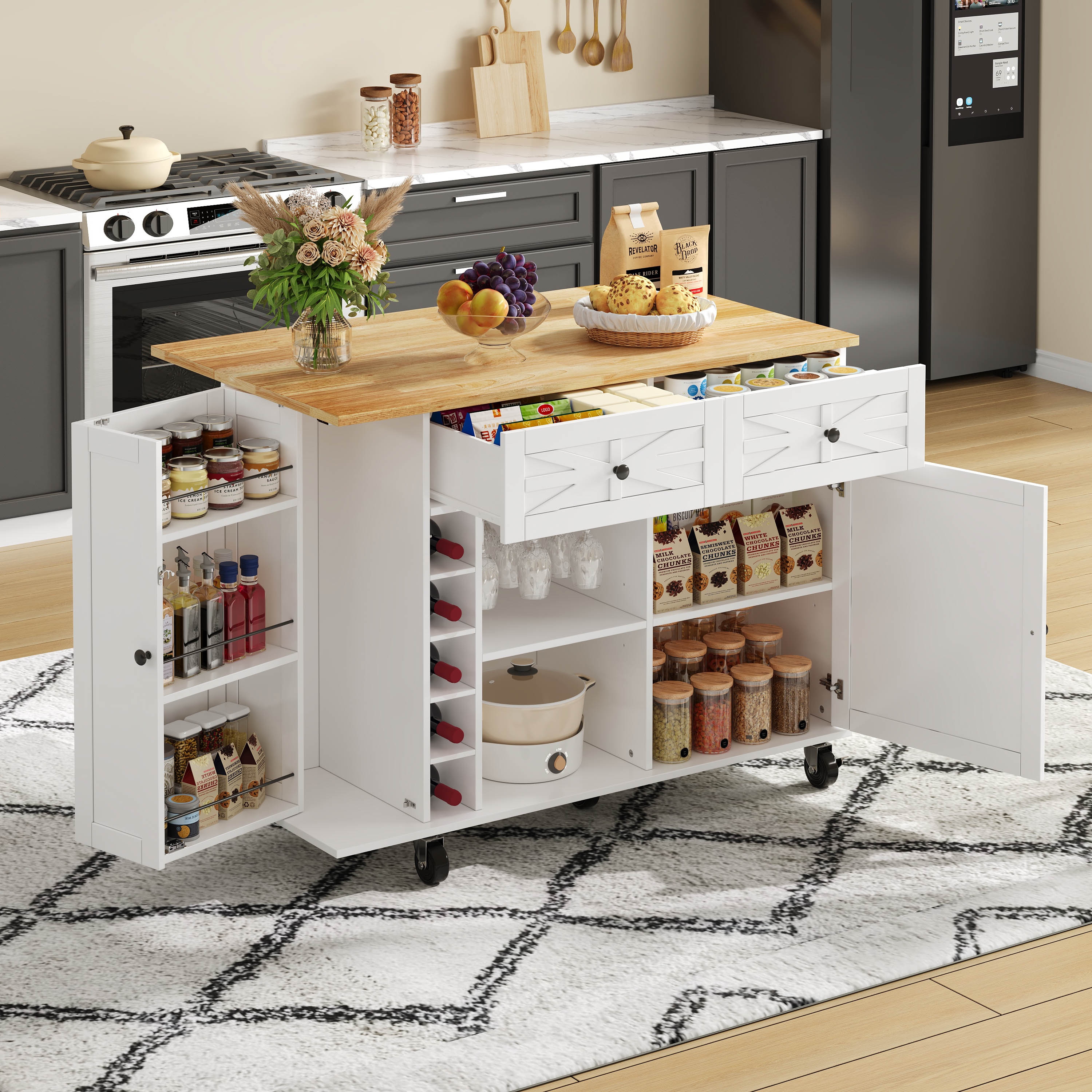 Isla de cocina 120x45(70)x89 cm con tablero abatible, 5 ruedas bloqueables, estante para vinos y copas, color blanco