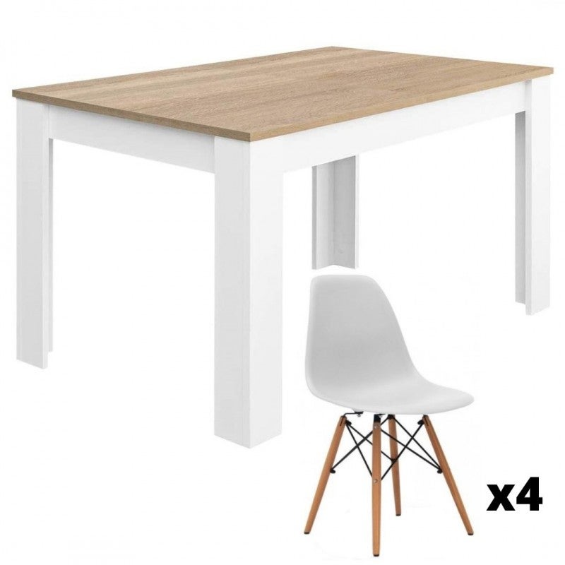 Mobelcenter , Conjunto Mesa Comedor Extensible Kendra Y Juego De 4 Sillas, Artik Y Roble Canadian, Sillas Y Patas Madera En Haya(P0024) Blanco , Leroy Merlin
