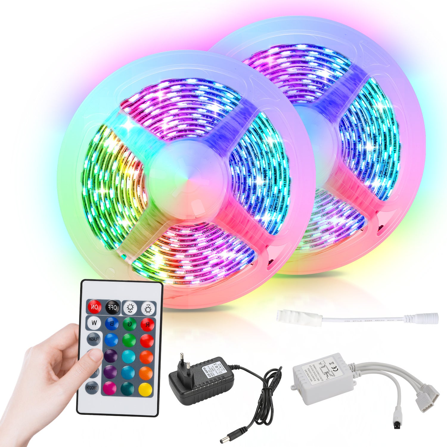 Taśma LED 10M (5mx2) 5050SMD RGB 300LED z 24-przyciskowym pilotem + zasilacz 12V do montażu na ścianie imprezowej