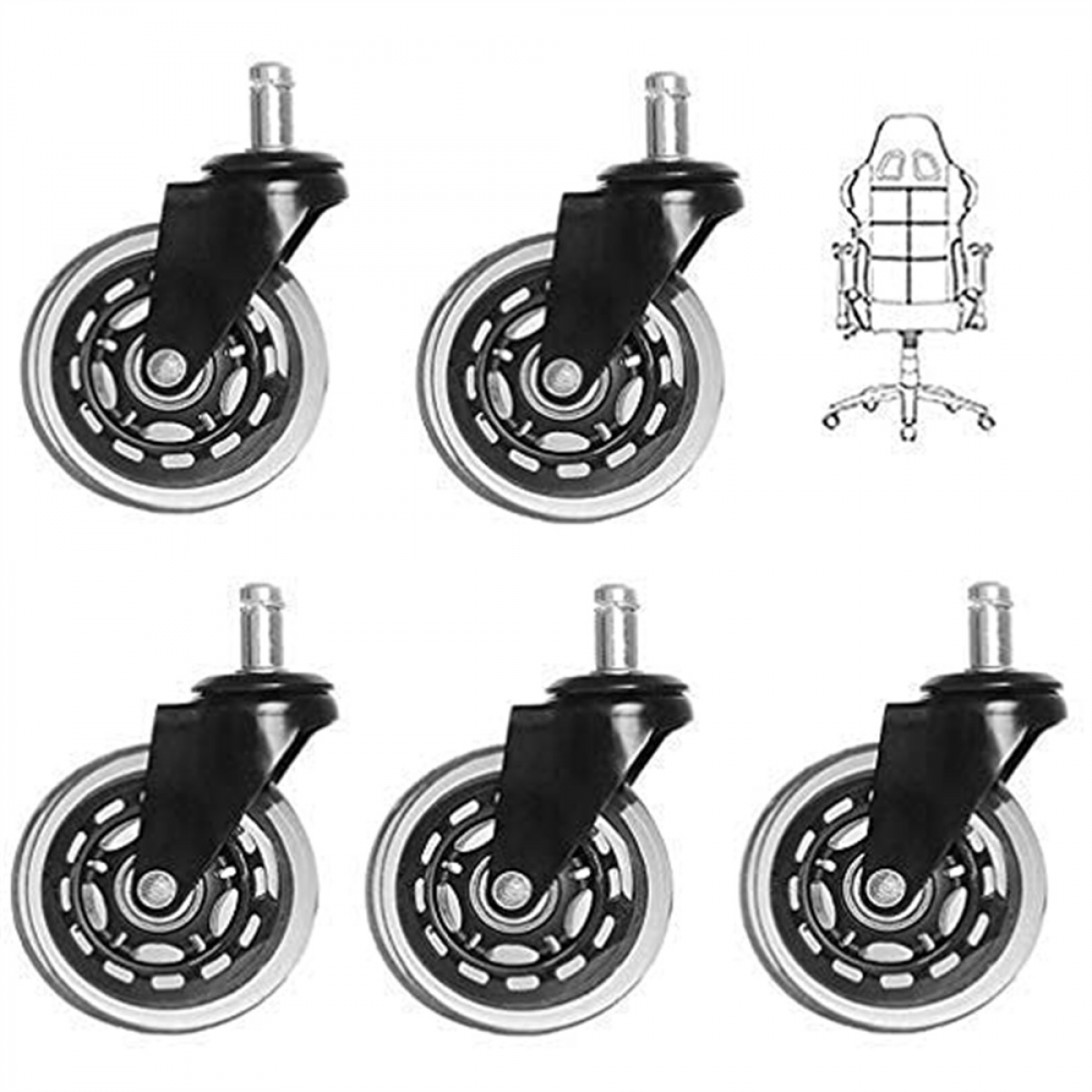 Ruote Per Sedia Da Ufficio 7,6 Cm – Set Da 5 – Gomma Silenziosa, Universali, Antigraffio Per Pavimenti In Legno – Facili Da Montare