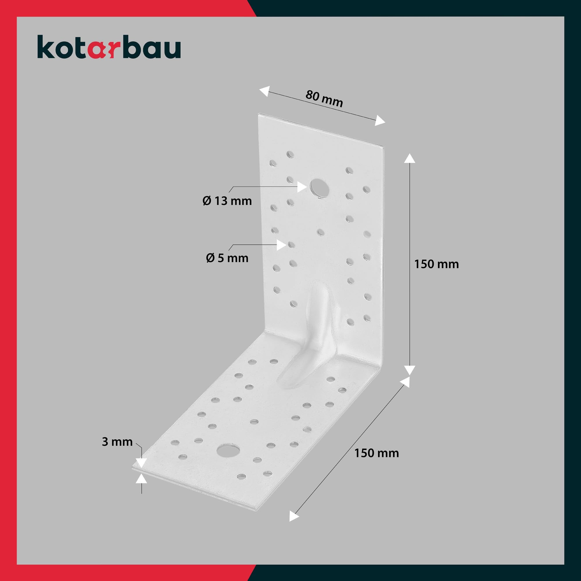 12 szt. Kątownik Ciesielski - Łącznik Budowlany - 150 x 150 x 80 mm - Stal ocynkowana - z Przetłoczeniem - Nierdzewny KOTARBAU - 3