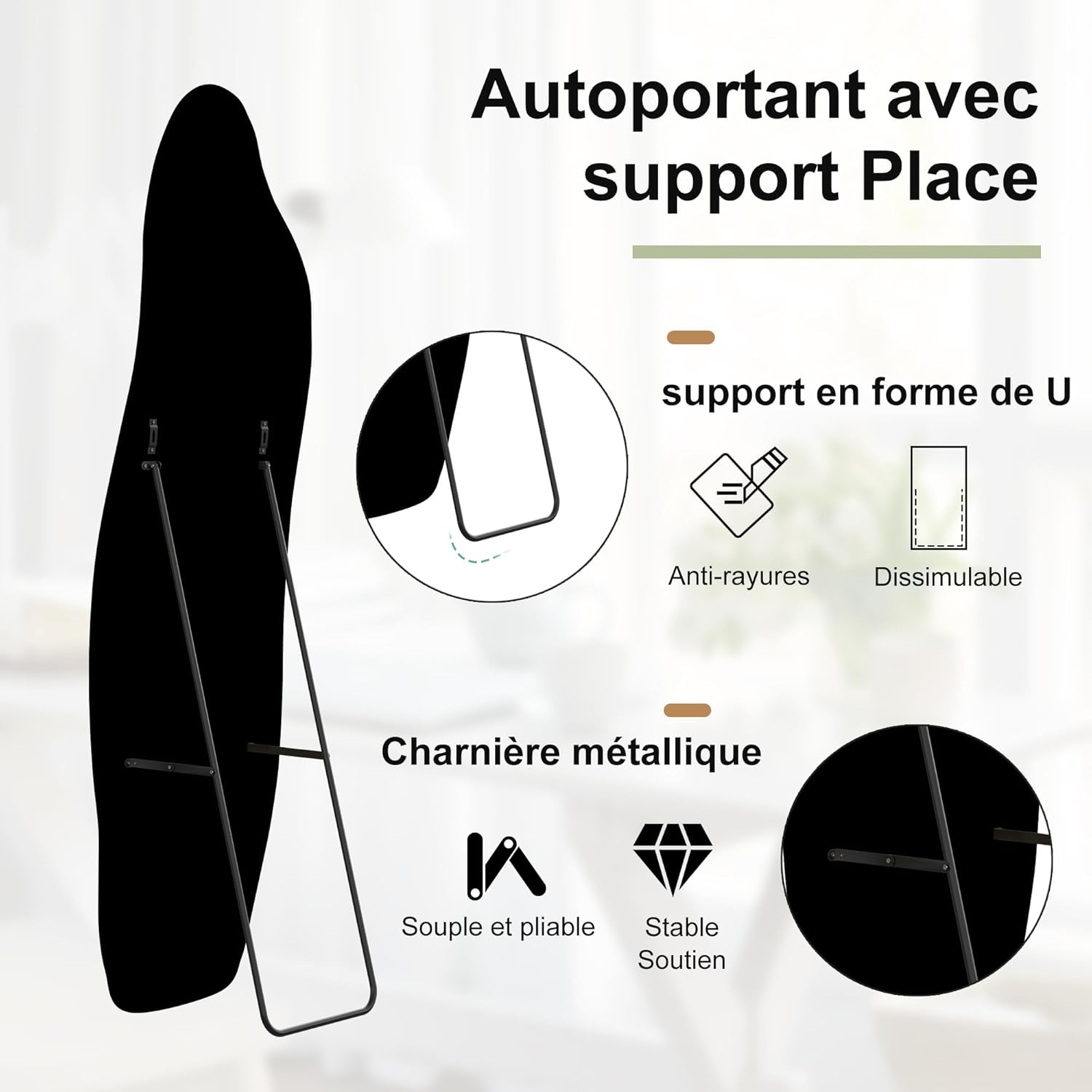 Grand Miroir jaune160x50 cm, Miroir sur Pied au Mural ou à Suspendre, Miroirs Organique avec Support en U, Miroir pour Dressing - 4