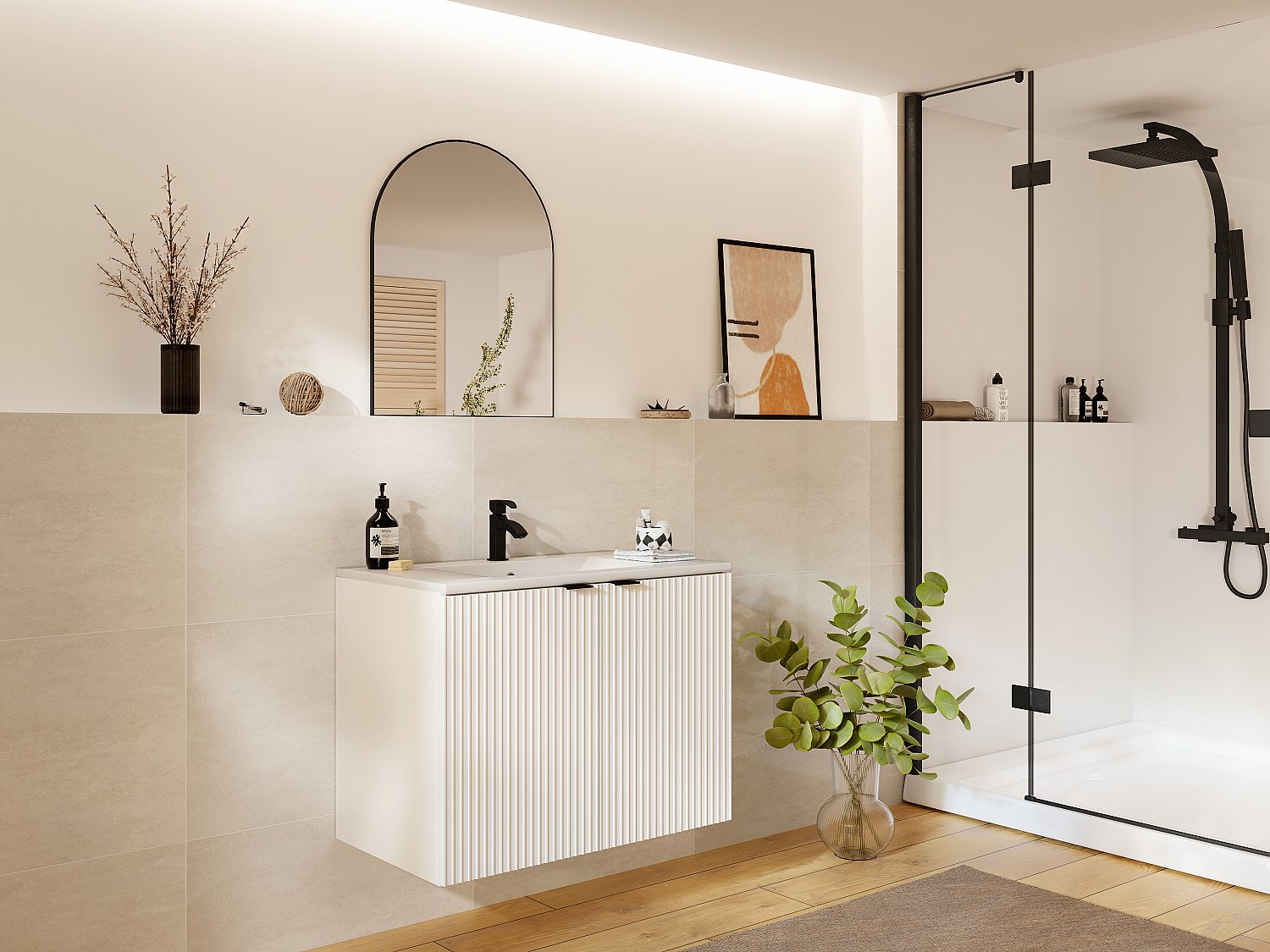 Szafka pod umywalkę wisząca w paski – Biała – 80 cm – PARMIZA