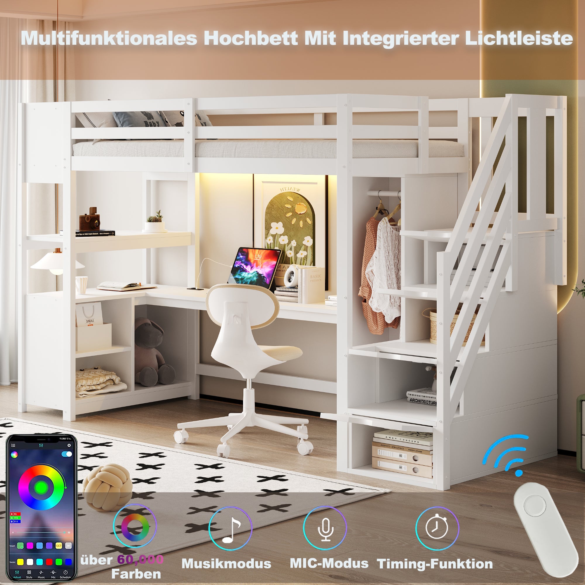 Lit mezzanine en bois 90x200cm avec bureau et éclairage LED, lit superposé enfant avec penderie, escalier rangement, Prises EU, naturel (sans matelas) - 3