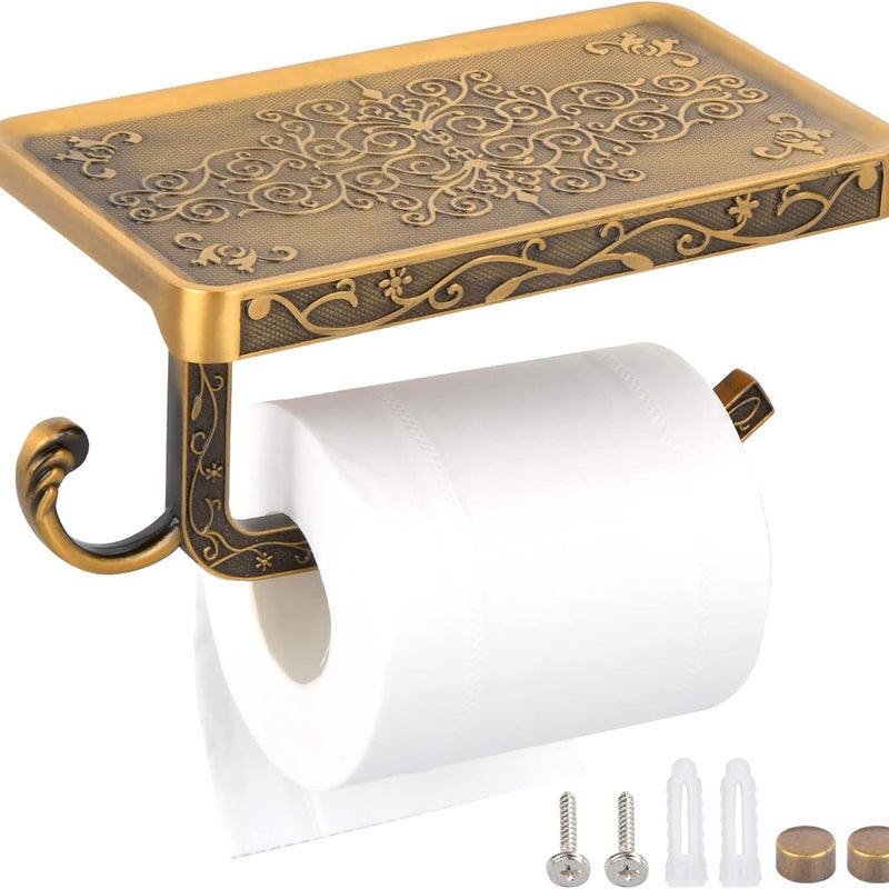 Uchwyt ścienny na papier toaletowy z półką i uchwytem na rolkę w kolorze retro vintage gold z aluminium