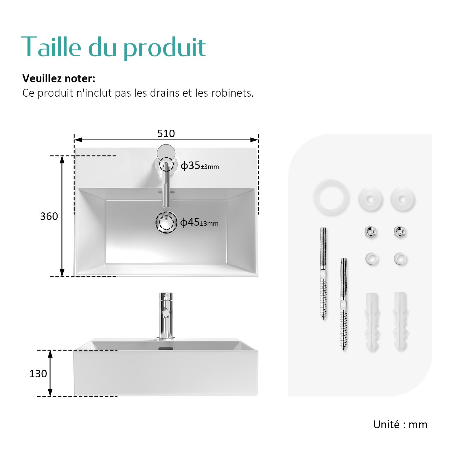 EMKE Vasque à Poser en Céramique rectangulaire 51,5 x 36 x 13 cm à trou pour robinet - Blanc brillant - 8