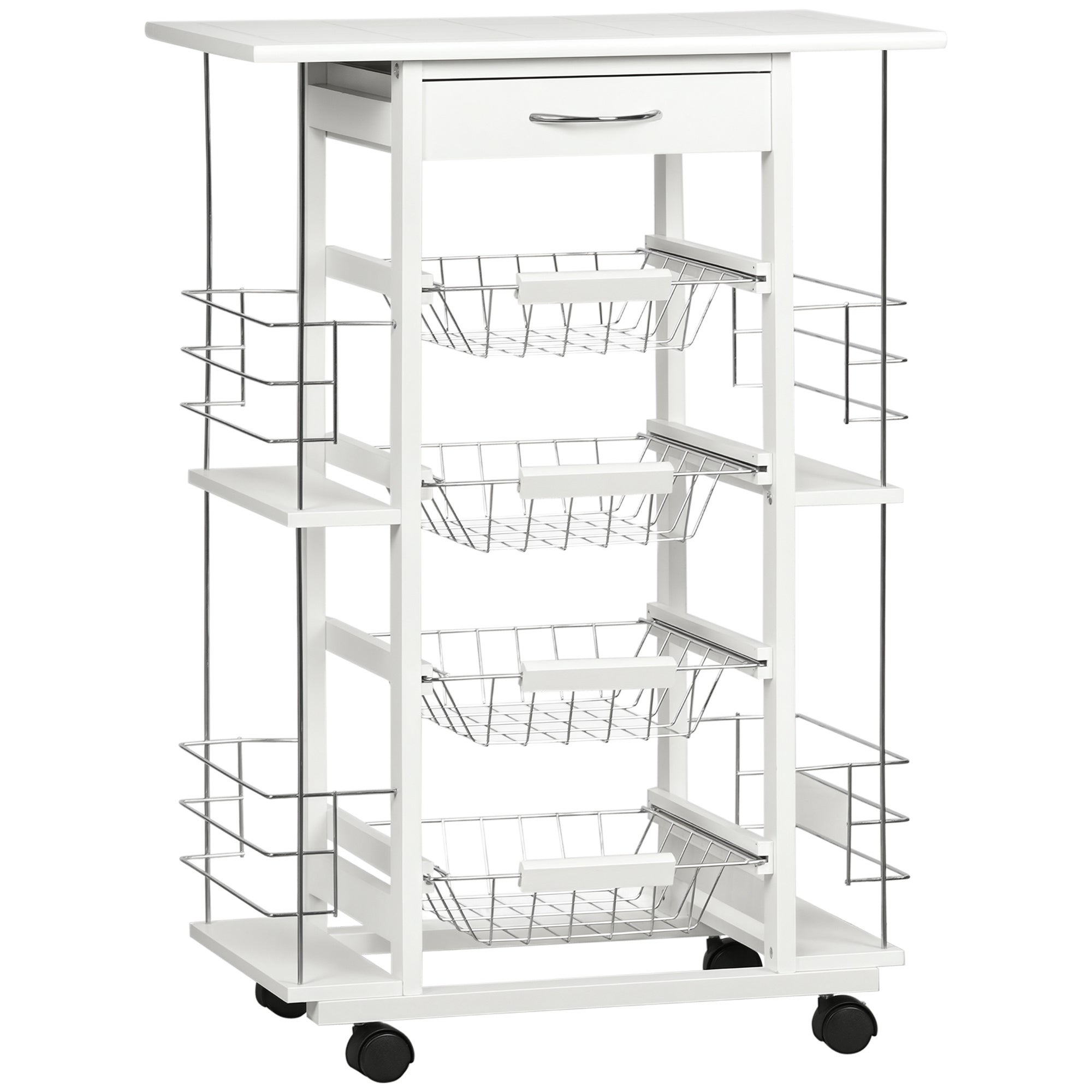 Carrito cocina multifuncional con encimera de azulejos blancos.
