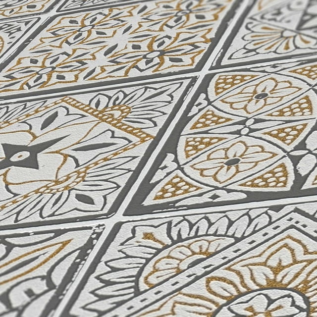 Papier peint à ornement gris foncé et jaune Tapisserie aspect carreaux en mosaïque Papier peint style boho idéal salon