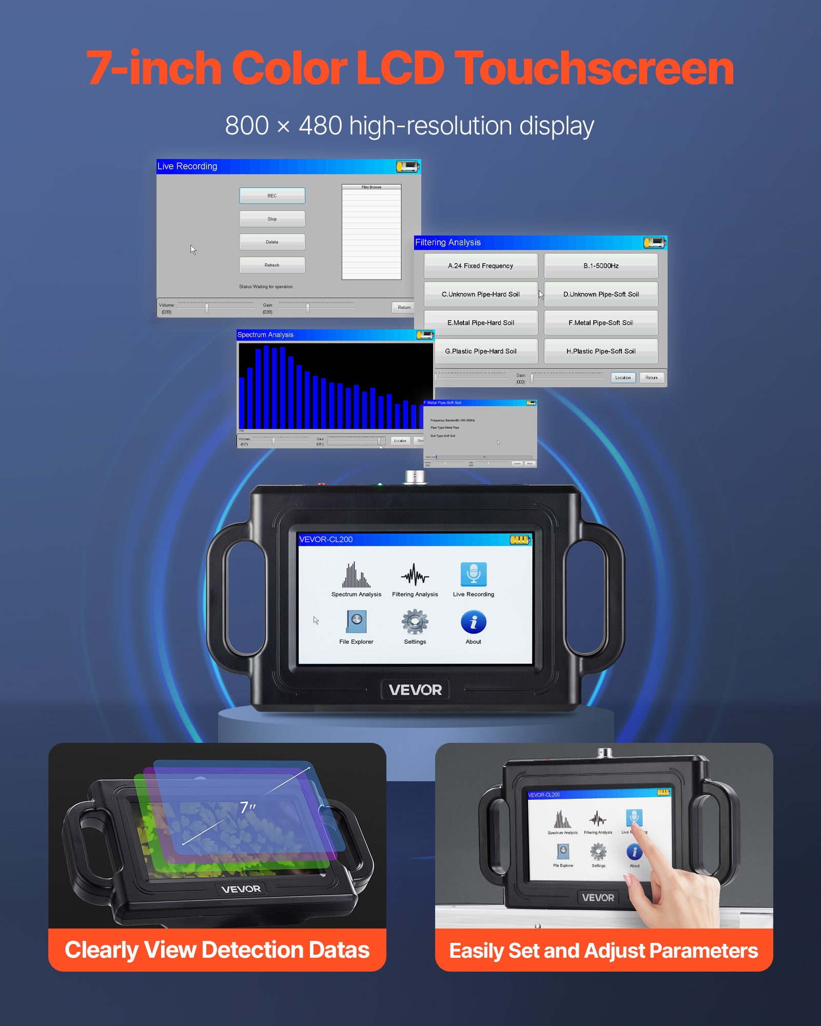 Detetor fugas água em tubagem subterrânea VEVOR, profundidade 2 m, 1-5000 Hz, ecrã LCD sensível ao toque, com sensor sensível, 3 sondas escuta - 3