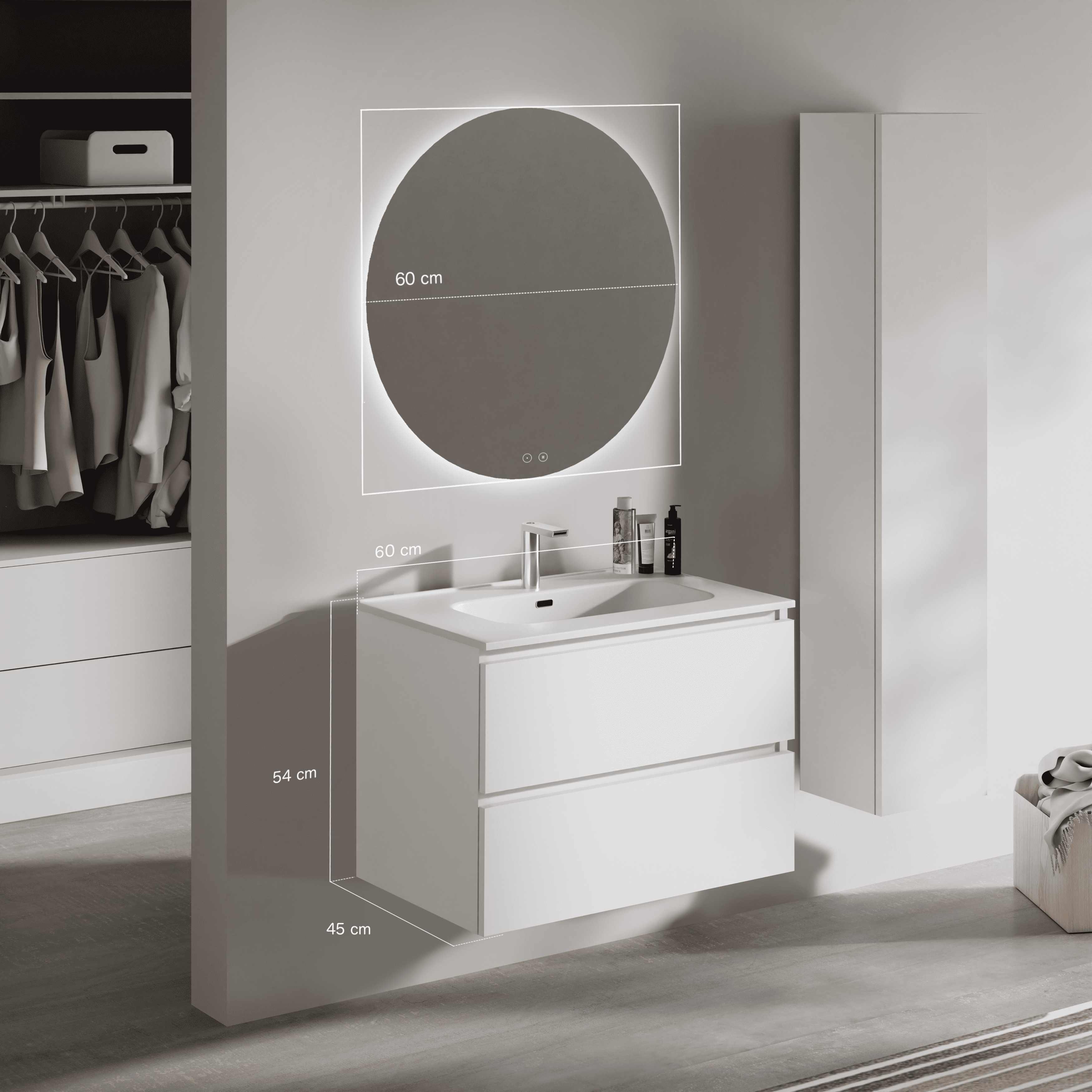 Feel Your Bath, Meuble de Salle de Bain PANTER Blanc 60 cm, 2 Tiroirs, Vasque Céramique Intégrée et Miroir Rond LED - 3