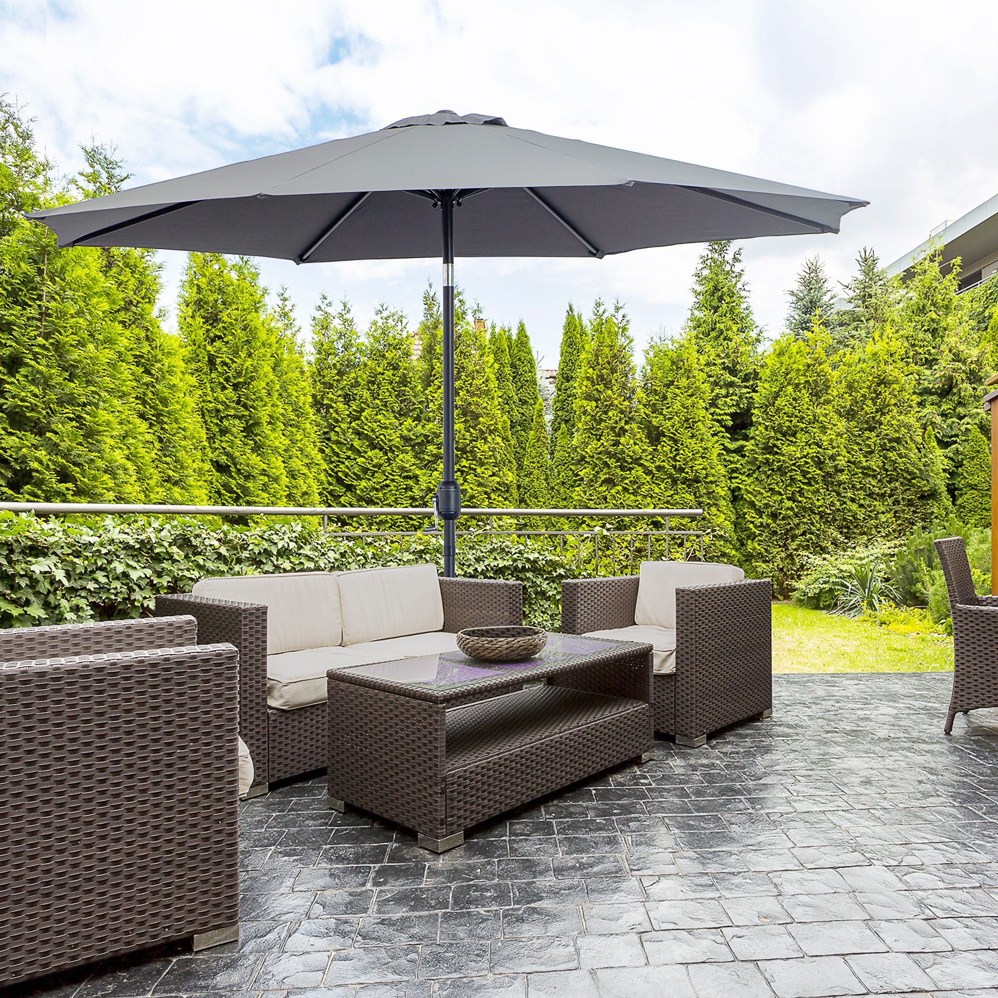 Parasol jardin Ø295x250 cm manivelle basculante, poteau métal amovible, gris foncé - 4