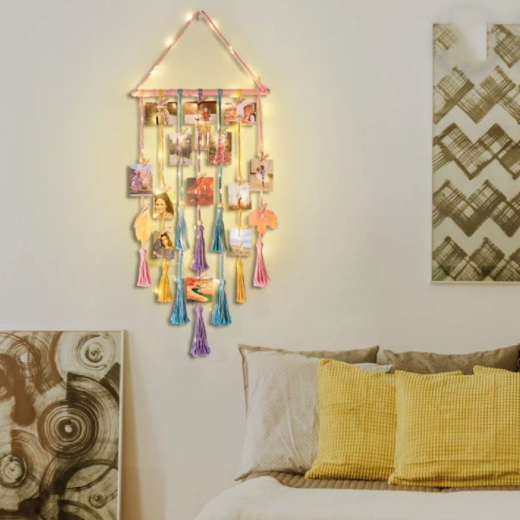 Decoração de parede para exposição de fotos, moldura em macramé boho, porta-fotos com luz e 20 clipes, presentes - 7