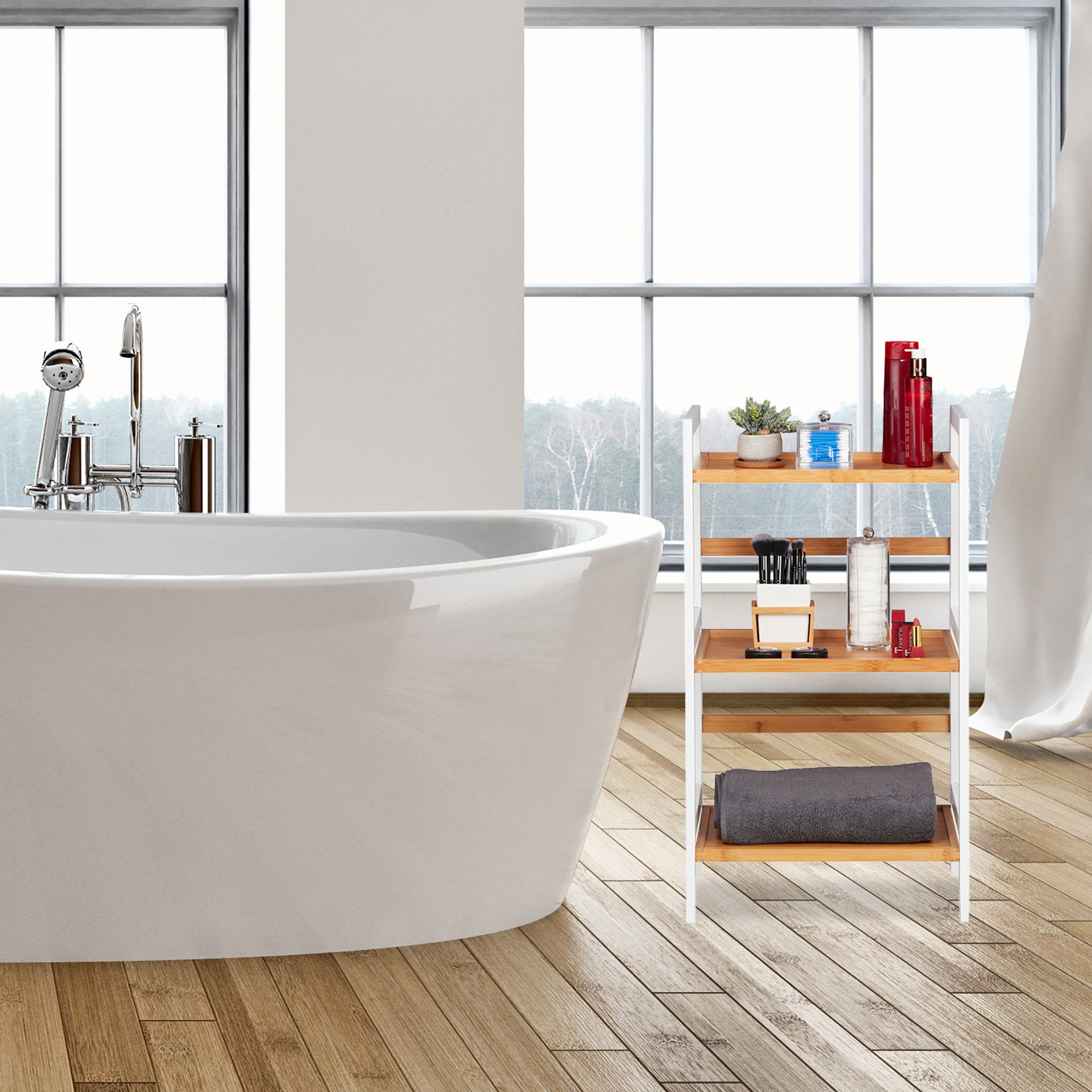 Etagère de bain, Etagères pour cosmétique, et ustensiles, Etagère de bambou, Tailles, blanc/naturel, Relaxdays - 2