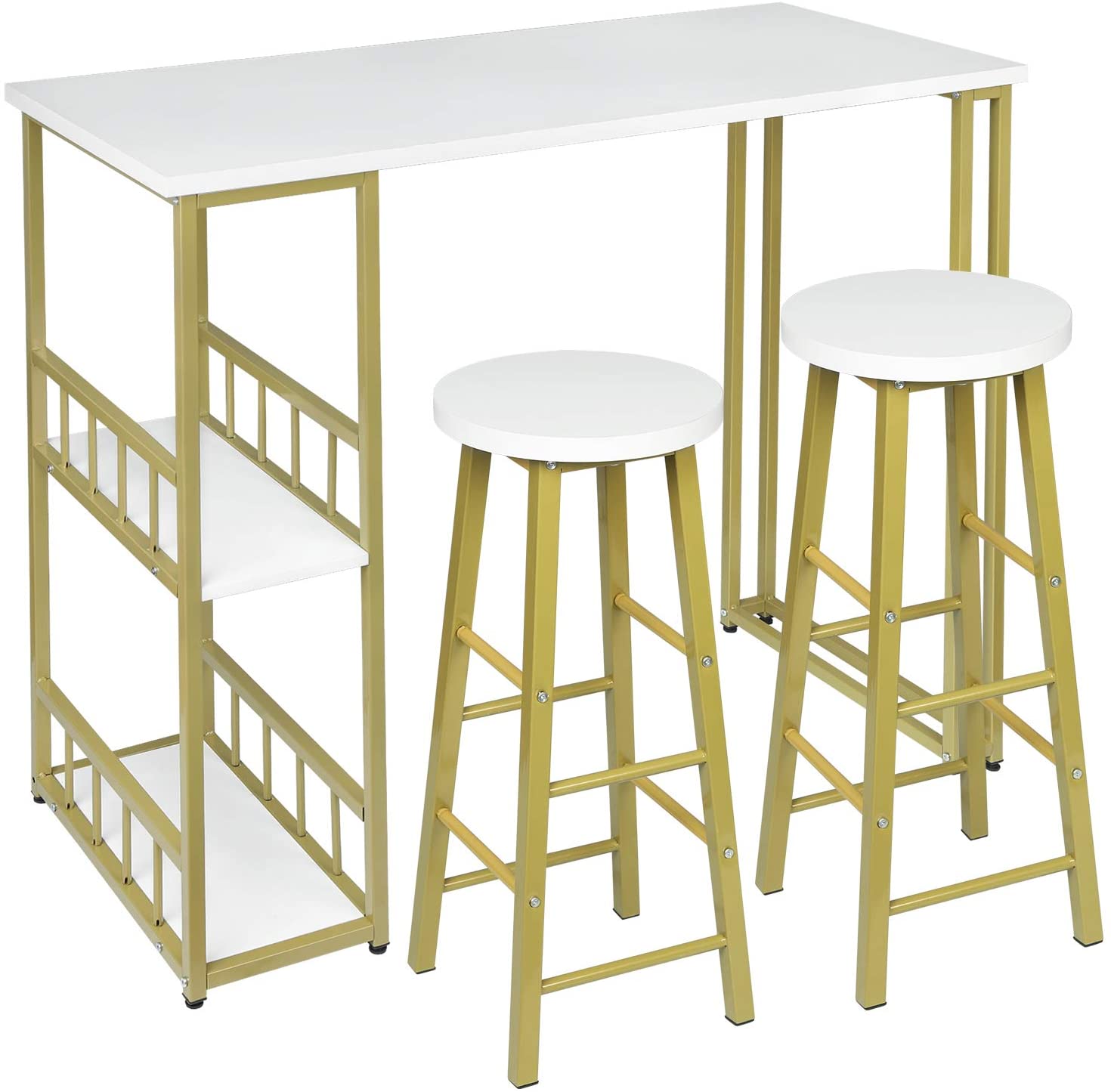 WOLTU Set table de bar et 2 tabourets, meubles de bistrot pour salle à manger, bar, cuisine avec structure en métal, 120 x 40 x 100 cm, blanc chêne clair