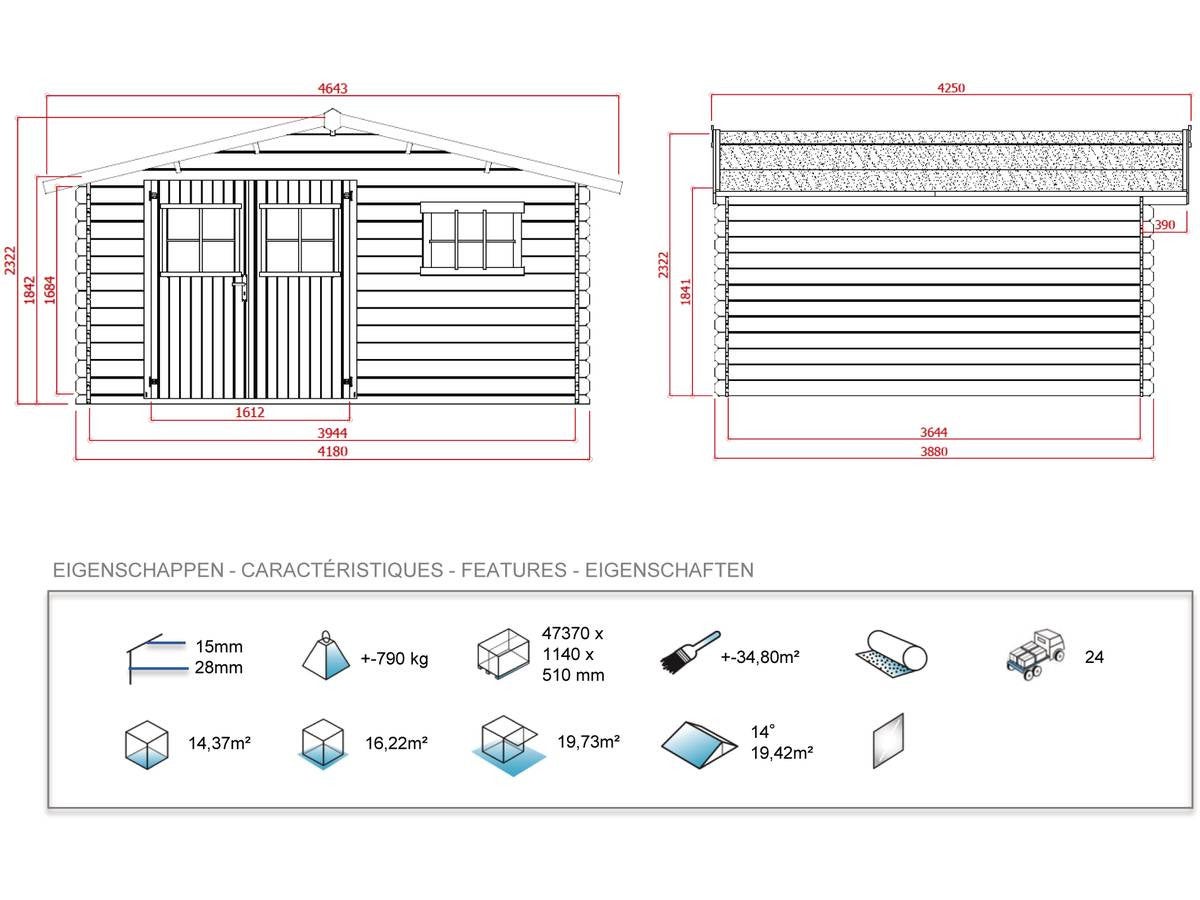 Abri jardin bois - 19,72 m² - 4.64 x 4.25 x 2,32 m - 28 mm - 3