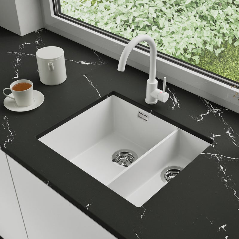 Zlewozmywak podblatowy 56x47cm, do szafki od 60cm + Bateria + Syfon - Agate Biały STONESTYLE