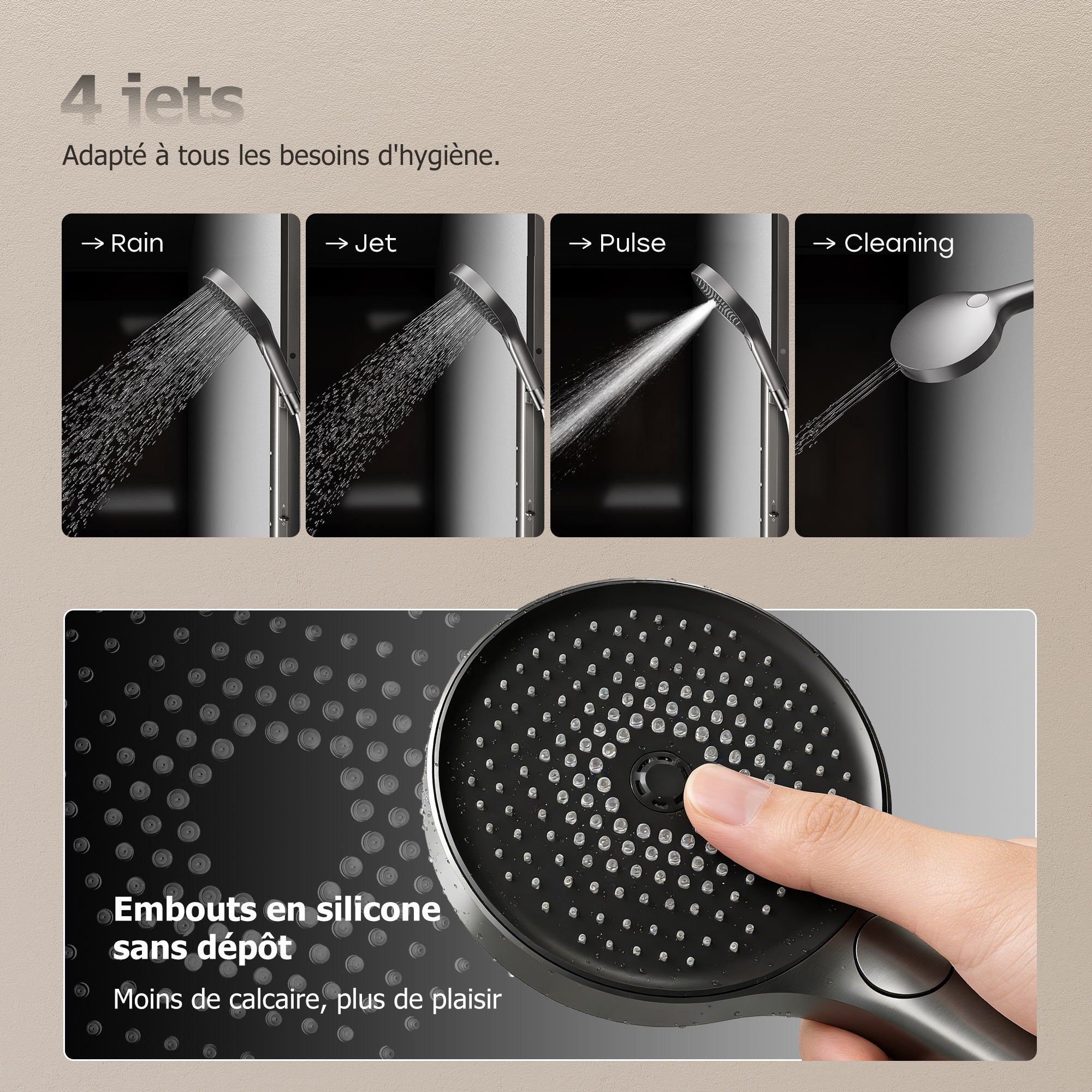 HOROW Ensemble de douche à effet pluie gris, 4 modes de massage, pliable, réglable en hauteur, robinet non inclus, se puede utilizar con la bañera - 6