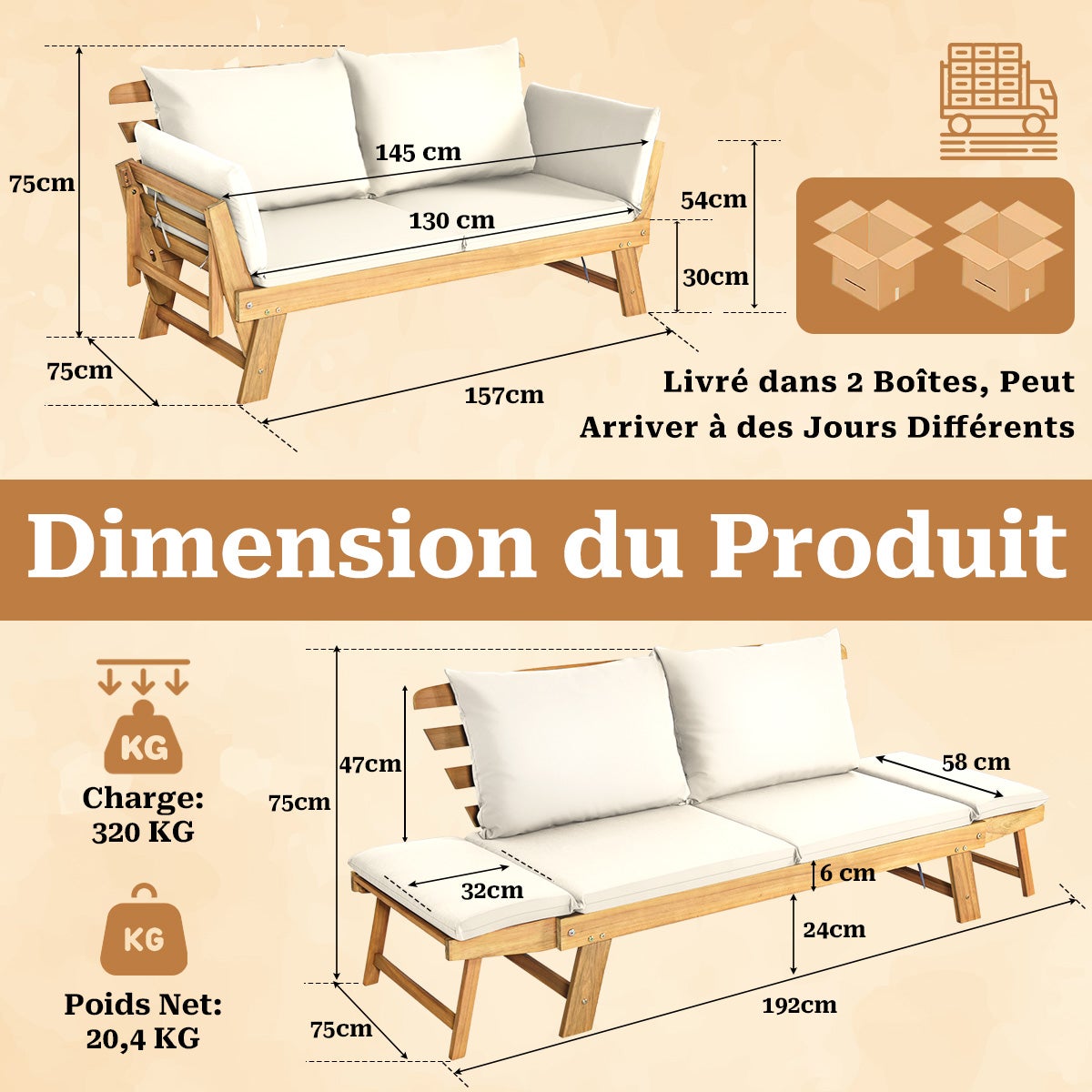 3 en 1 Canapé Convertible Lit Jardin 2 Places-Bois d’acacia-FSC, Canapé Extensible Coussins Amovibles-Charge 320KG pour Balcon/Terrase, Blanc GIANTEX - 4