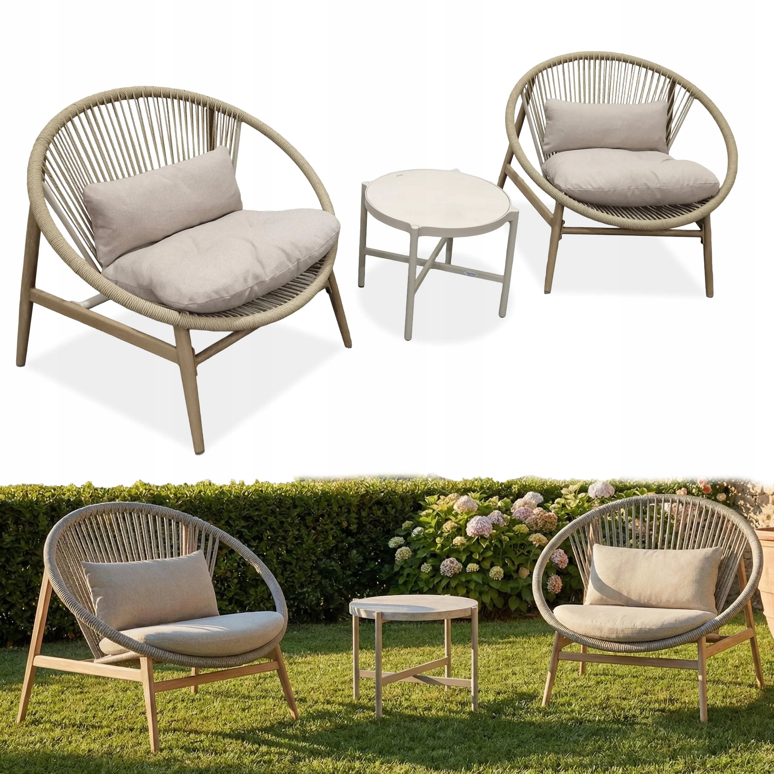 Zestaw Mebli Ogrodowych na Balkon Taras GALLA Komplet Stolik 2 Fotele Beż 1 szt