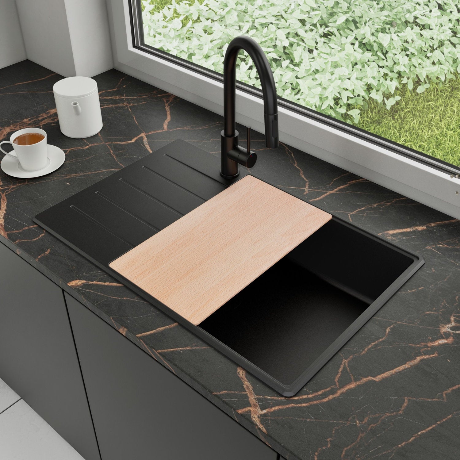 Zlewozmywak Granitowy 78x50cm, do szafki od 60cm + Bateria + Syfon + Deska - Ametyst Cały Czarny STONESTYLE