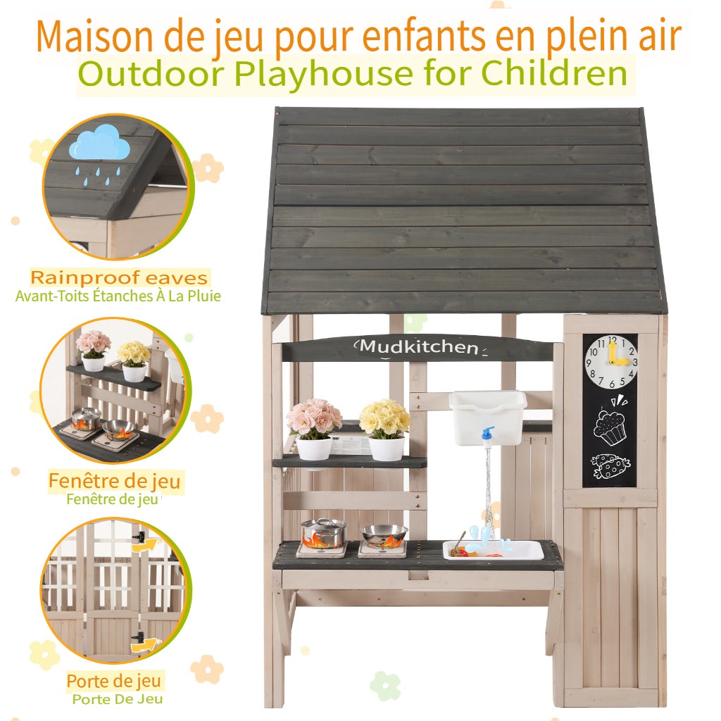 Cabane enfant extérieur en bois, maison enfant extérieur avec robinet fonctionnel, toit anti-pluie et accessoires complets pour 3 ans - beige - 2