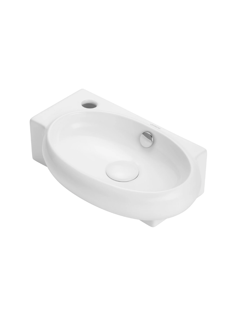 Umywalka ścienna Uptrend CORAL biały połysk, z otworem na baterię oraz przelewem, lewa 1 szt.