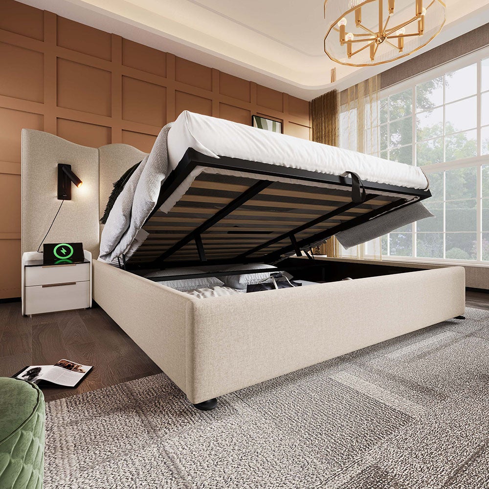 Lit double capitonné 180 x 200 avec liseuse et chargeur USB Type-C avec cadre en bois massif et lattes, Beige, Linen - 4