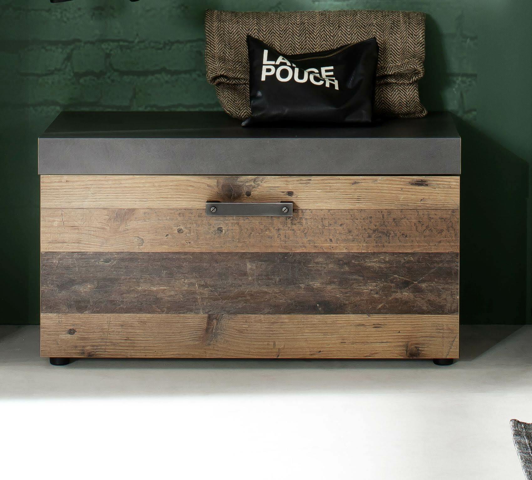 INDY - Meuble chambre. Banc de rangement en mélaminé coloris bois effet vieilli avec finition gris ciment . L - H - P : 80 - 45 - 37 cm. - 2