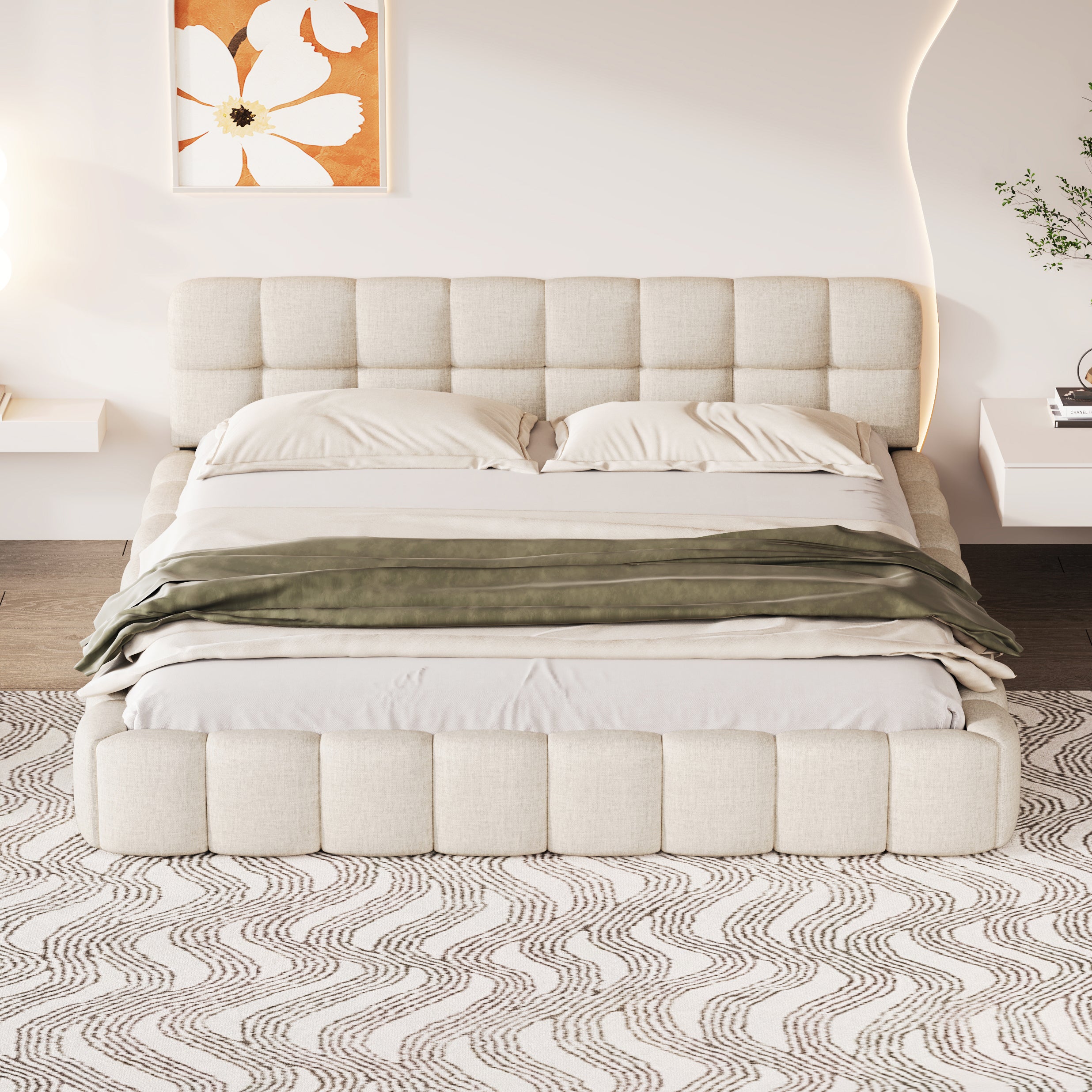 Lit adulte 140x190cm, 140x190cm Lit Bubble, dossier moelleux, Lit plat avec sommier à lattes, (en lin, beige) - 6