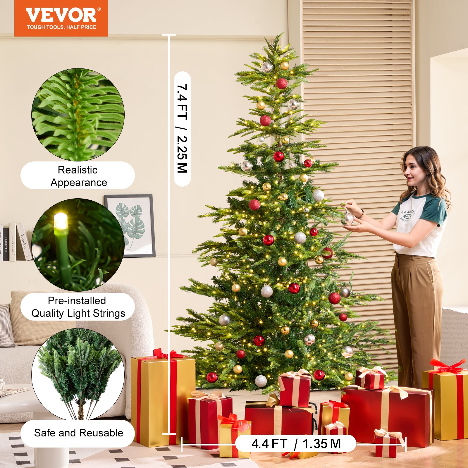 Árvore de Natal Artificial VEVOR 2,25 m,Pré-iluminada com 700 Luzes LED Branco Quente,1319 Pontas,Base Metálica,Decoração Natal Escritório Casa - 2