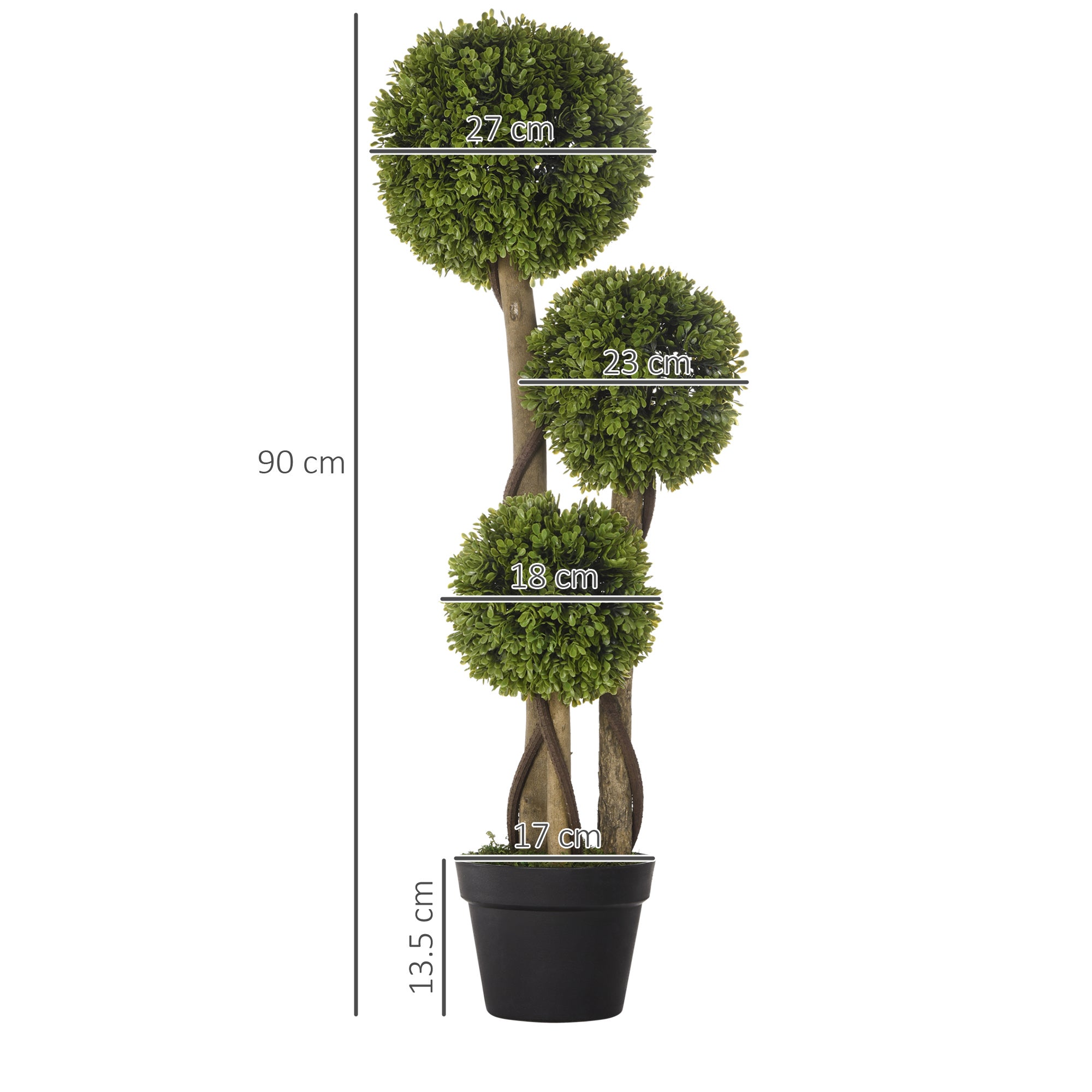 Plante artificielle de buis avec 3 boules, fausse plante pour l'intérieur et l'extérieur, pot inclus et base renforcée, hauteur 90 cm - 4
