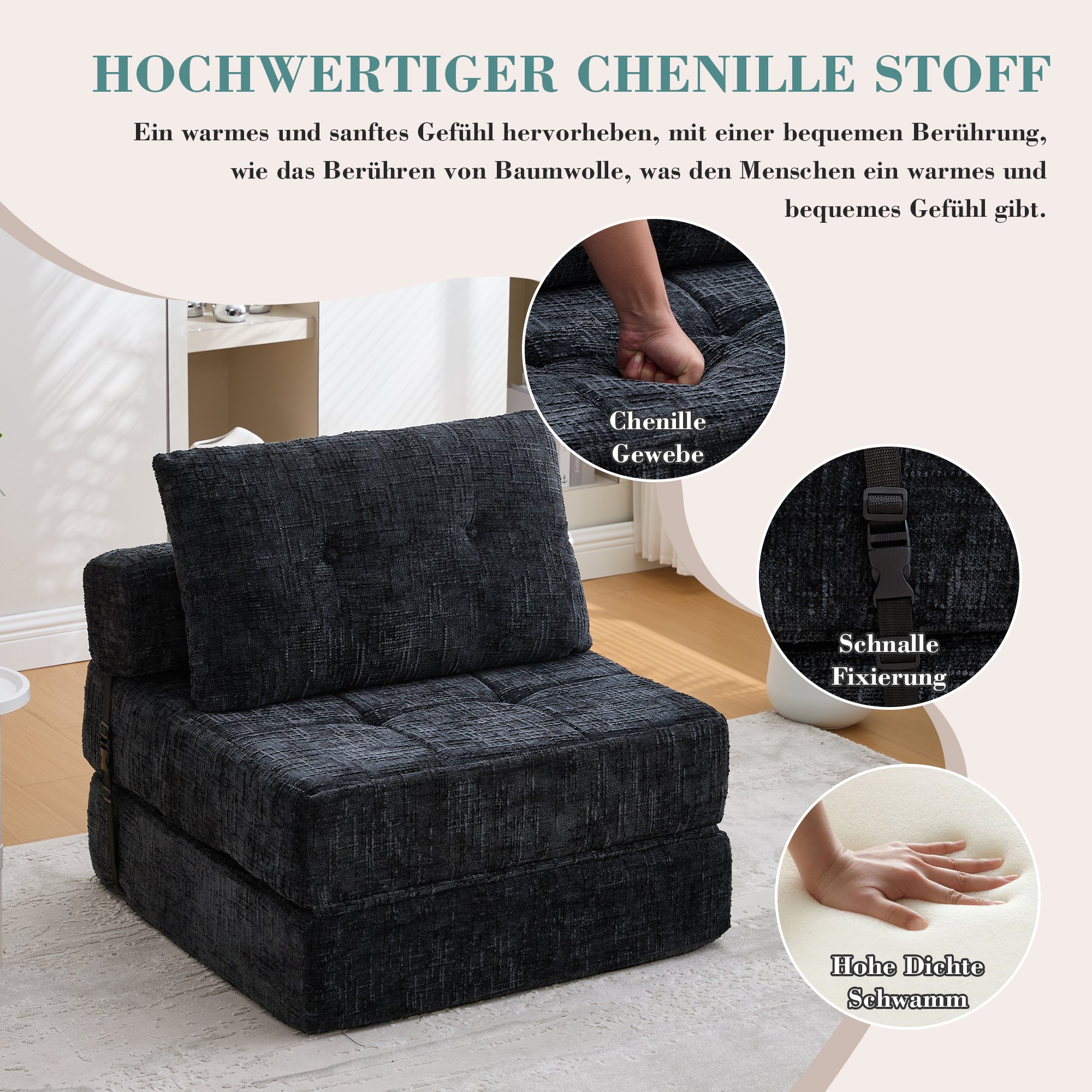Canapé-lit pliable, canapé-lit avec coussins, matelas pliable avec dossier, canapé pliant portable, canapé de sol confortable pour salon et chambre - 4